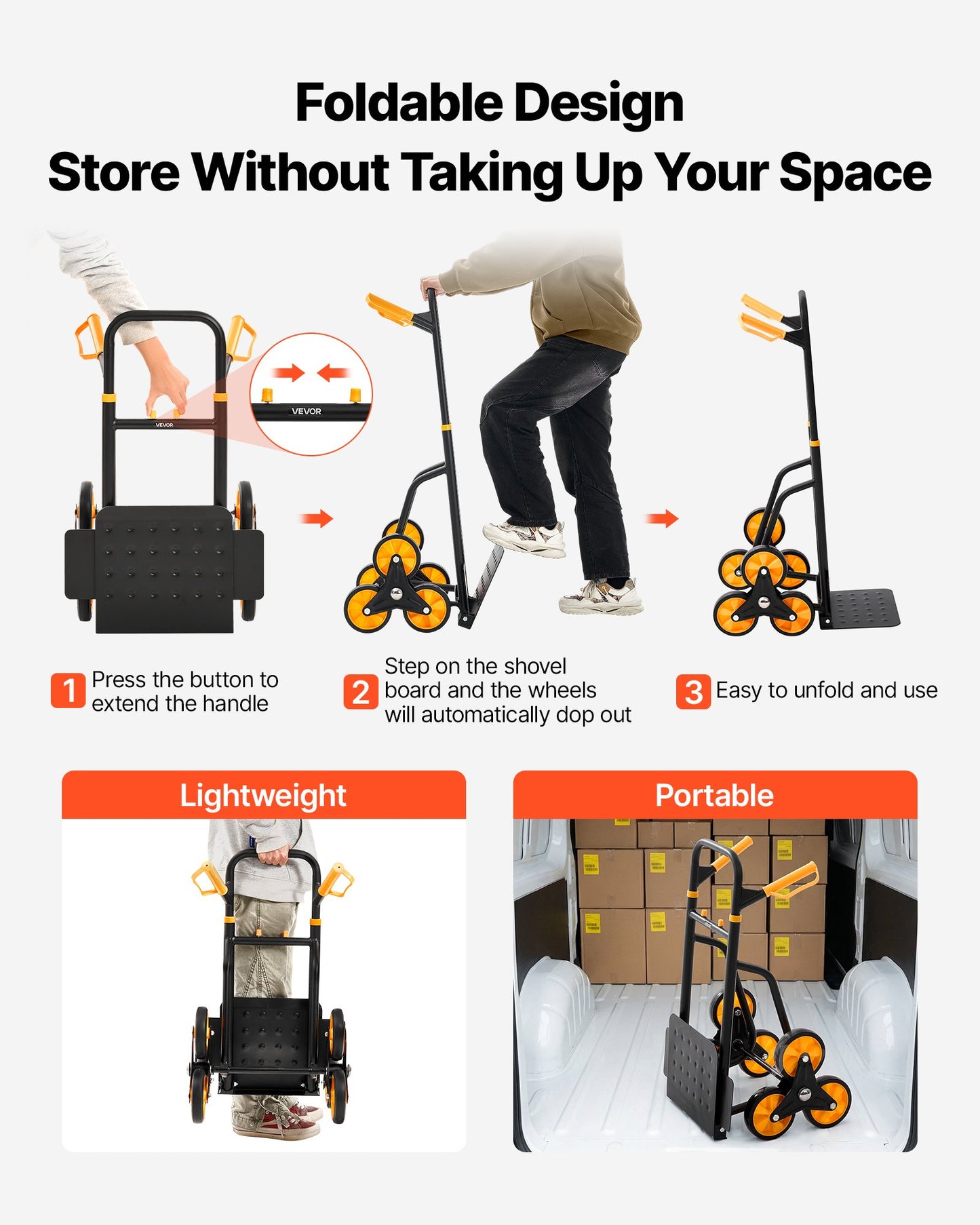 Heavy-Duty Stair Climbing Hand Truck with Folding Design, 440 Lb Capacity - Black