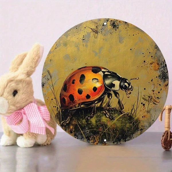 Round Aluminum Metal Sign - Golden Ladybug Wall Decor
