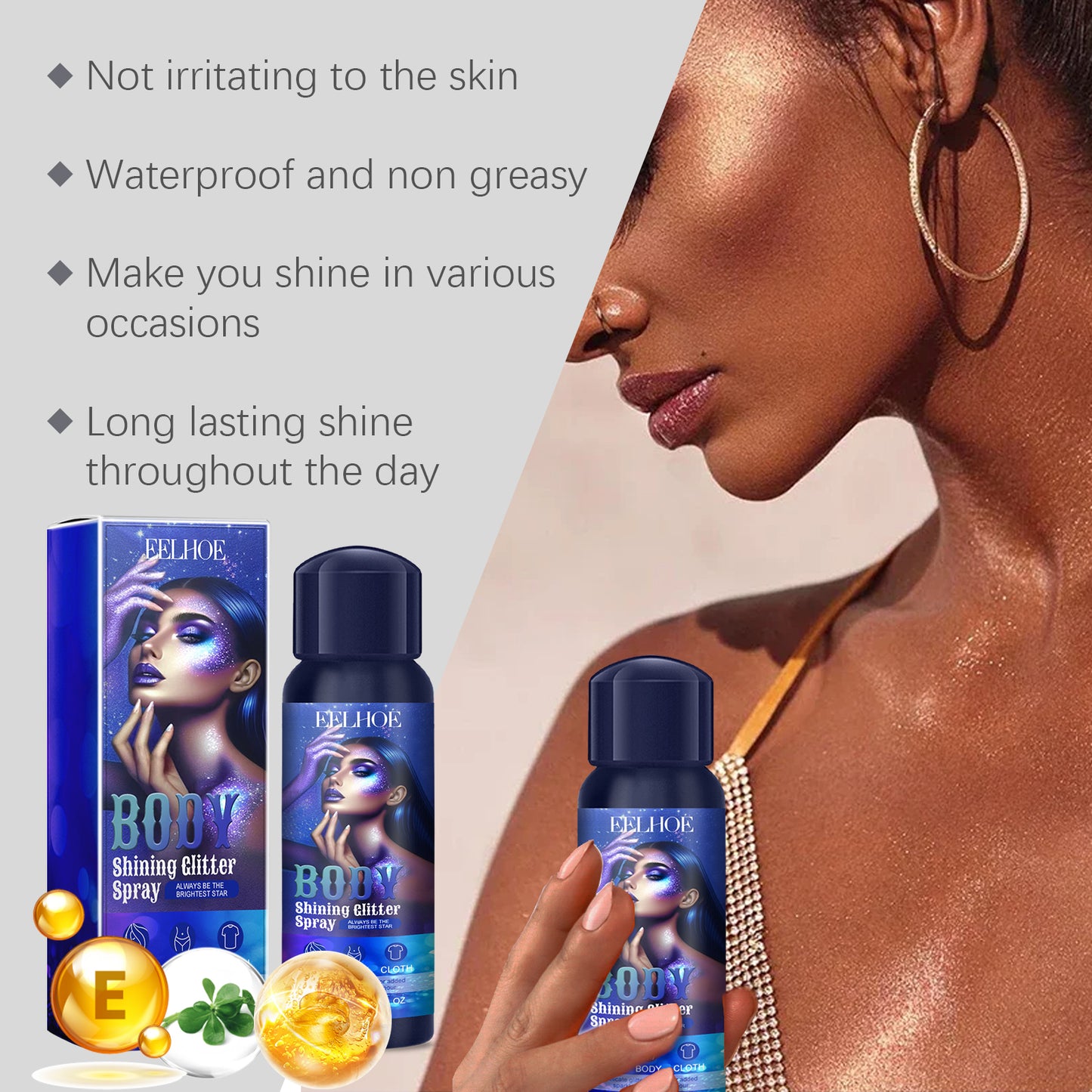 Long-Lasting Highlighter Glitter Spray for Face, Body and Hair