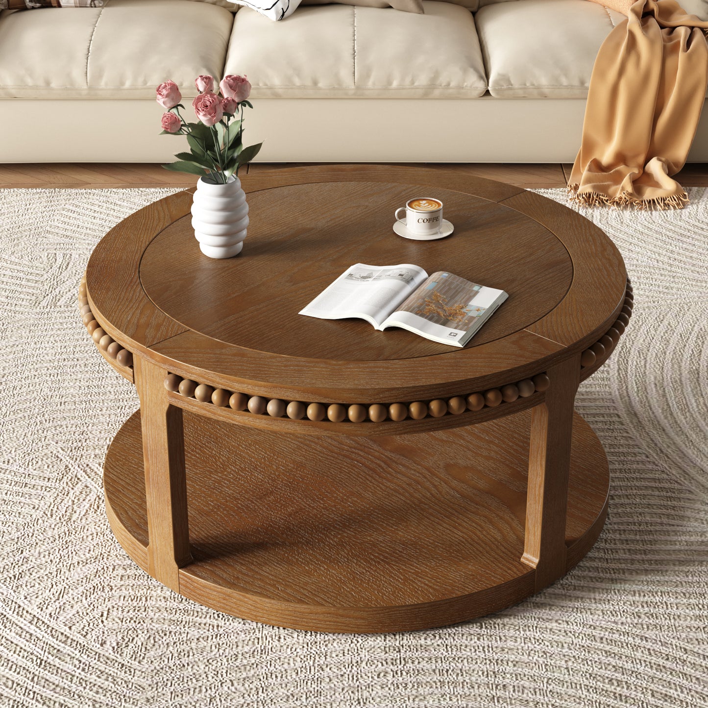 31.5 Inch Round Solid Wood Coffee Table - Two-Tier Design, Walnut