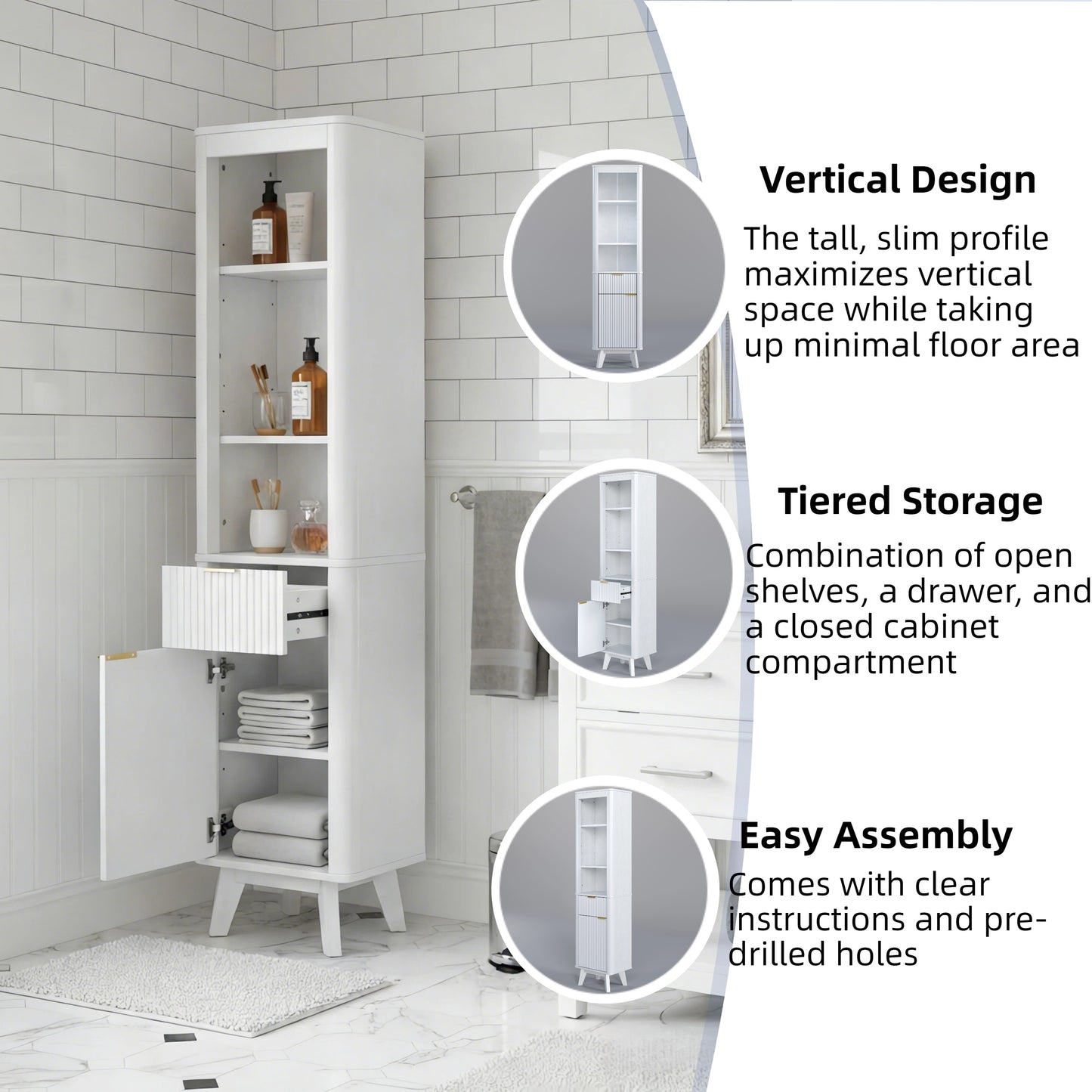 68" Tall Bathroom Storage Cabinet with Adjustable Shelves & Drawer - White