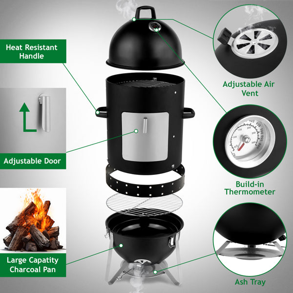 Heavy Duty Vertical Steel Charcoal Smoker - Multi-Layer Outdoor BBQ Grill
