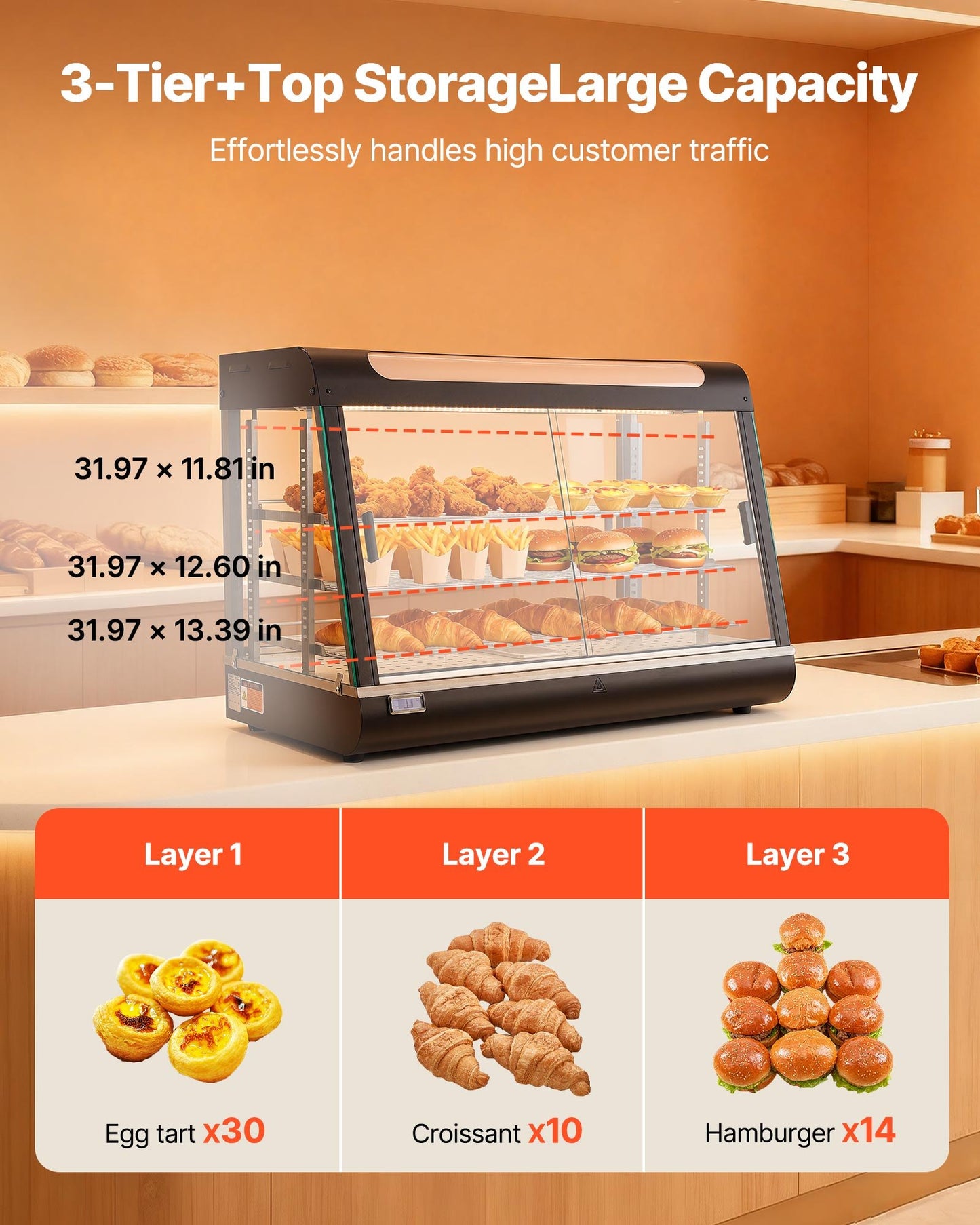 3-Tier Food Warmer Display with LED Light and Adjustable Shelves, 86℉–185℉, 137Qt