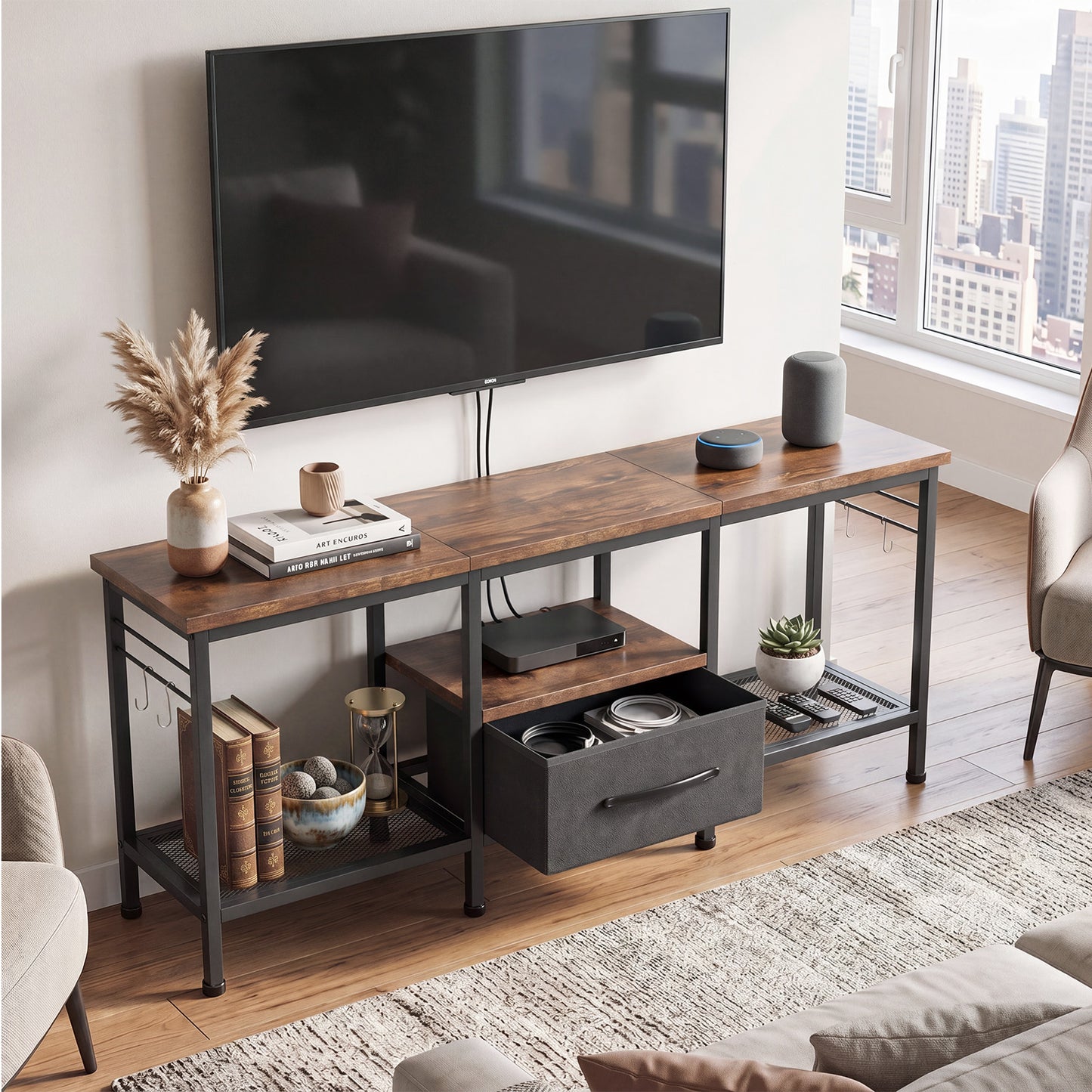 Industrial Style TV Stand with Fabric Drawer & Open Shelves