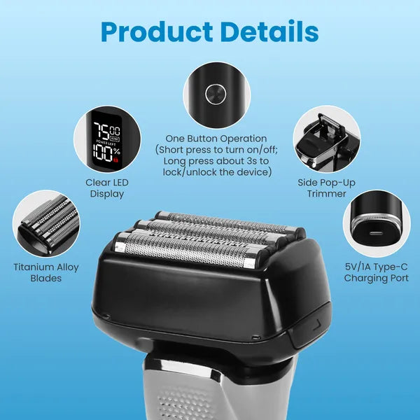 5-Blade Electric Foil Shaver for Men - Wet & Dry Beard Trimmer with LED