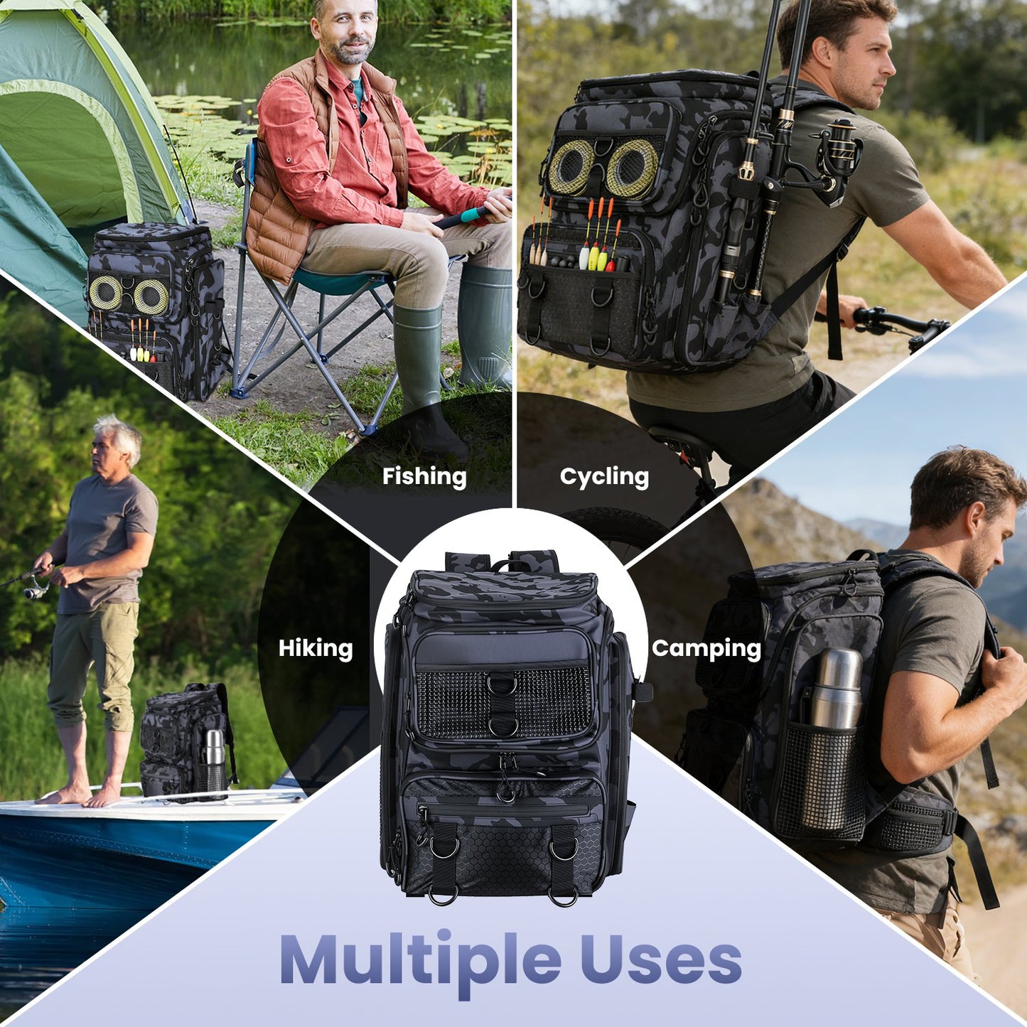 42L Fishing Backpack with 16 Pockets & Rod Holders - Camouflage