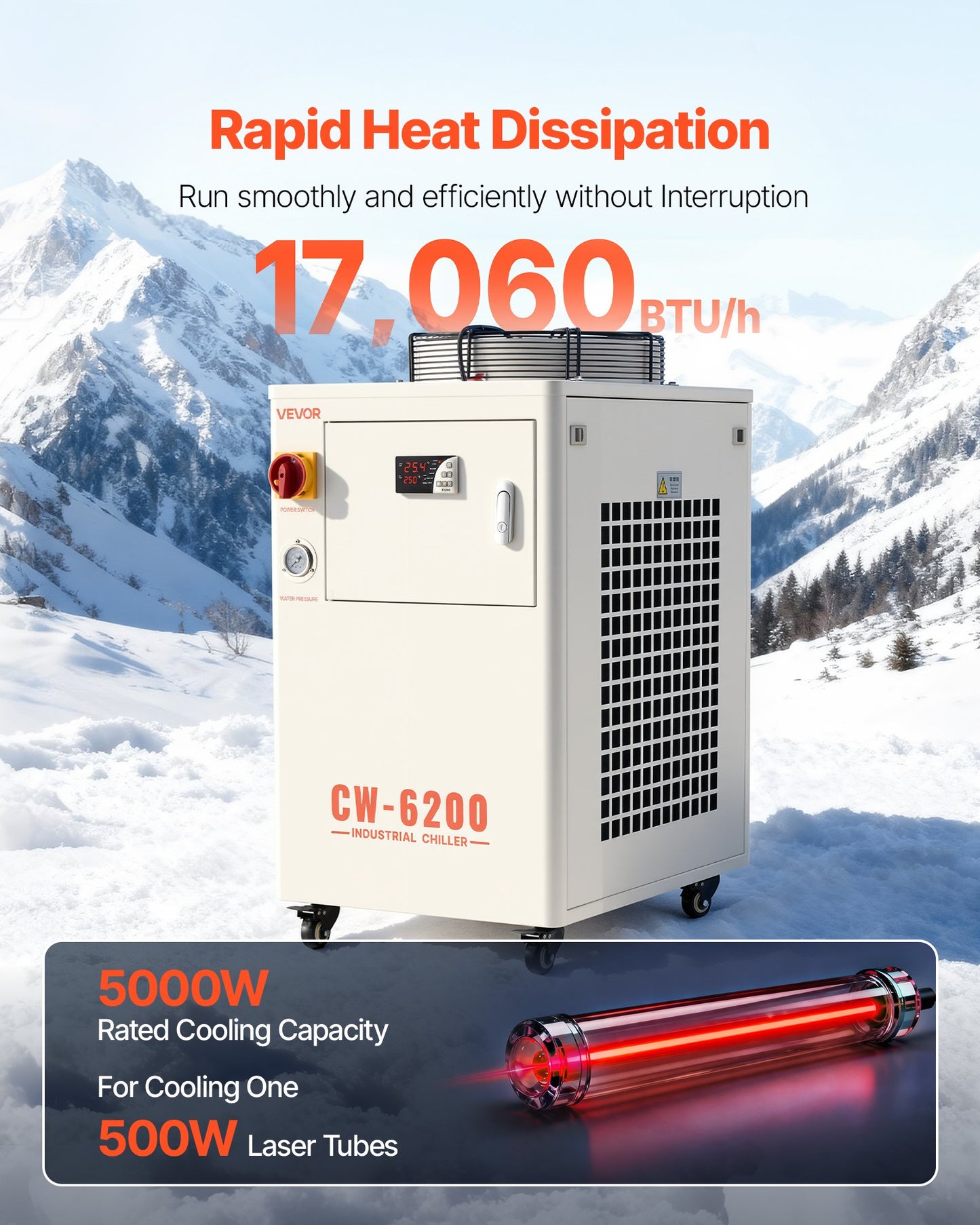 Industrial Water Chiller for Laser Engraving & Cutting Systems - 17,060 BTU/h, 3.96 Gal Tank, Black