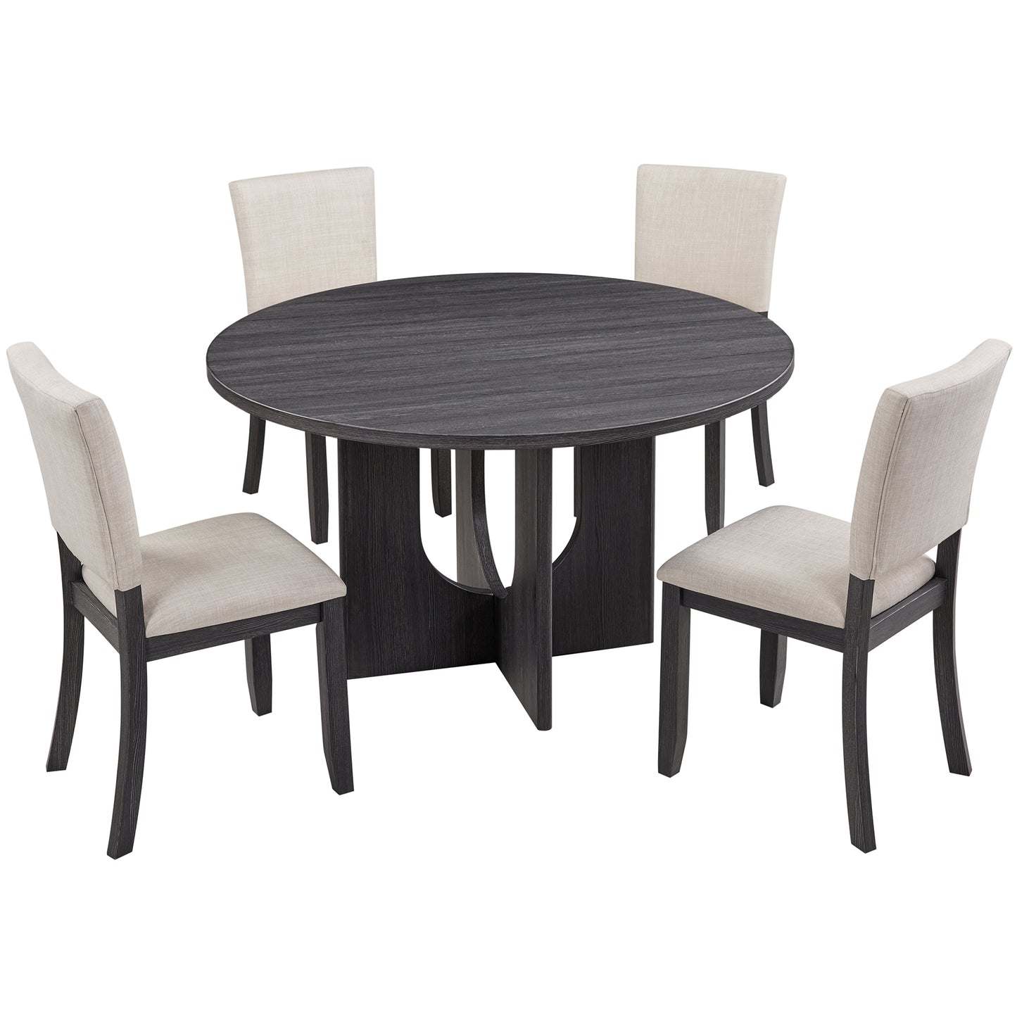 47.3" Round Dining Table Set with 4 Upholstered Chairs - Antique Black & Beige