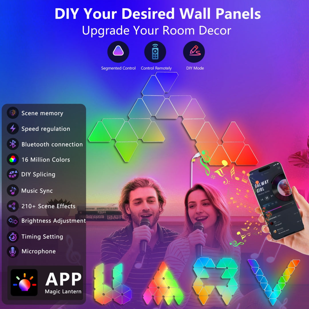Triangular RGB LED Wall Lights 20-Pack with App & Remote - Music Sync Gaming Decor
