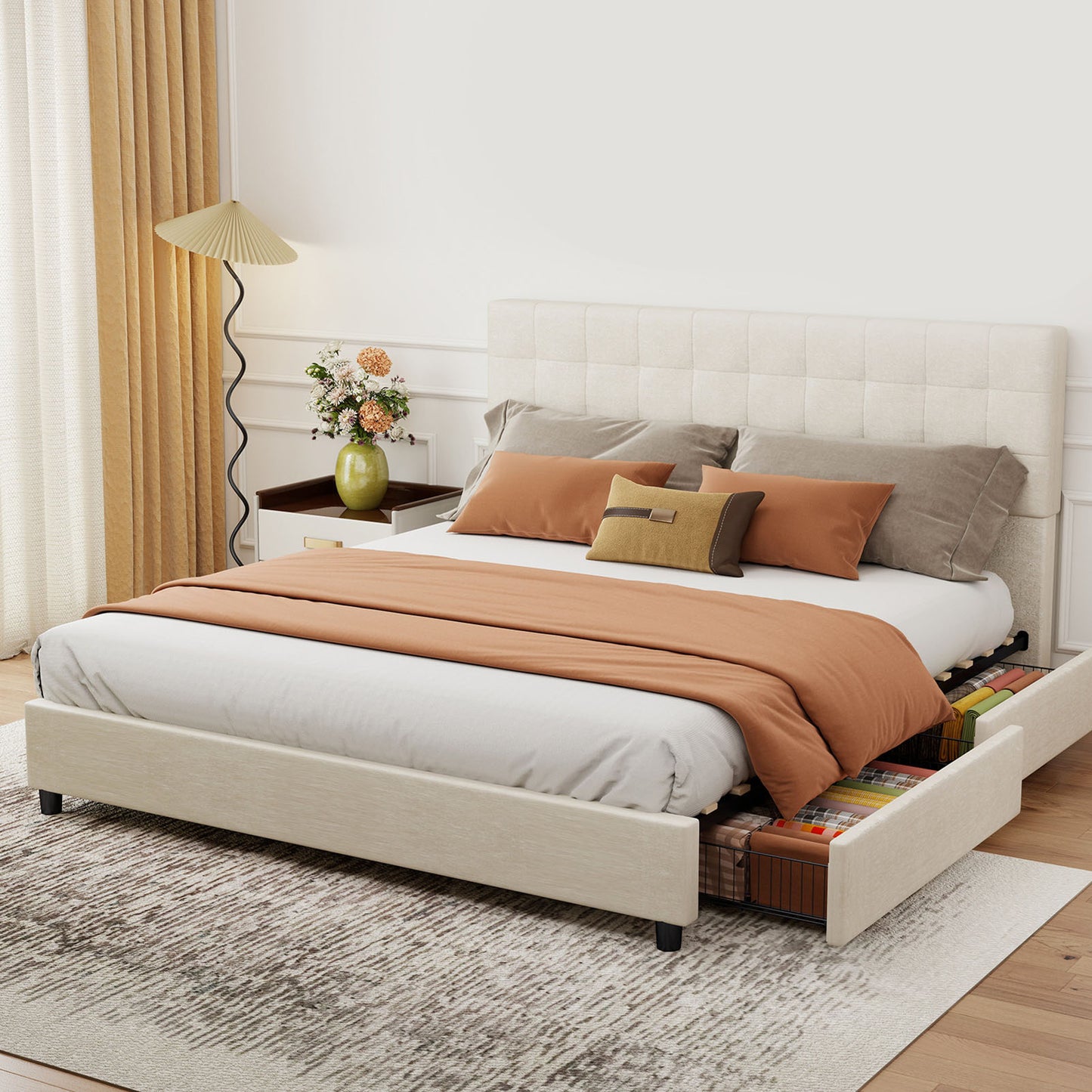 Modern Upholstered Bed Frame with Storage Drawers - No Box Spring Needed