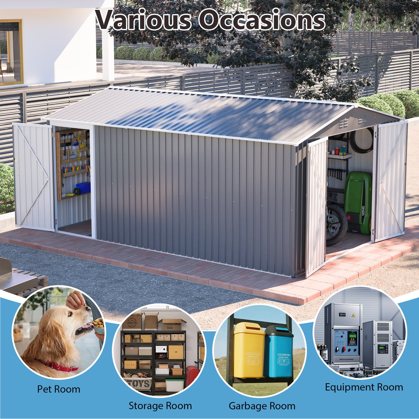 10x14 FT Metal Outdoor Storage Shed with Lockable Doors - Gray