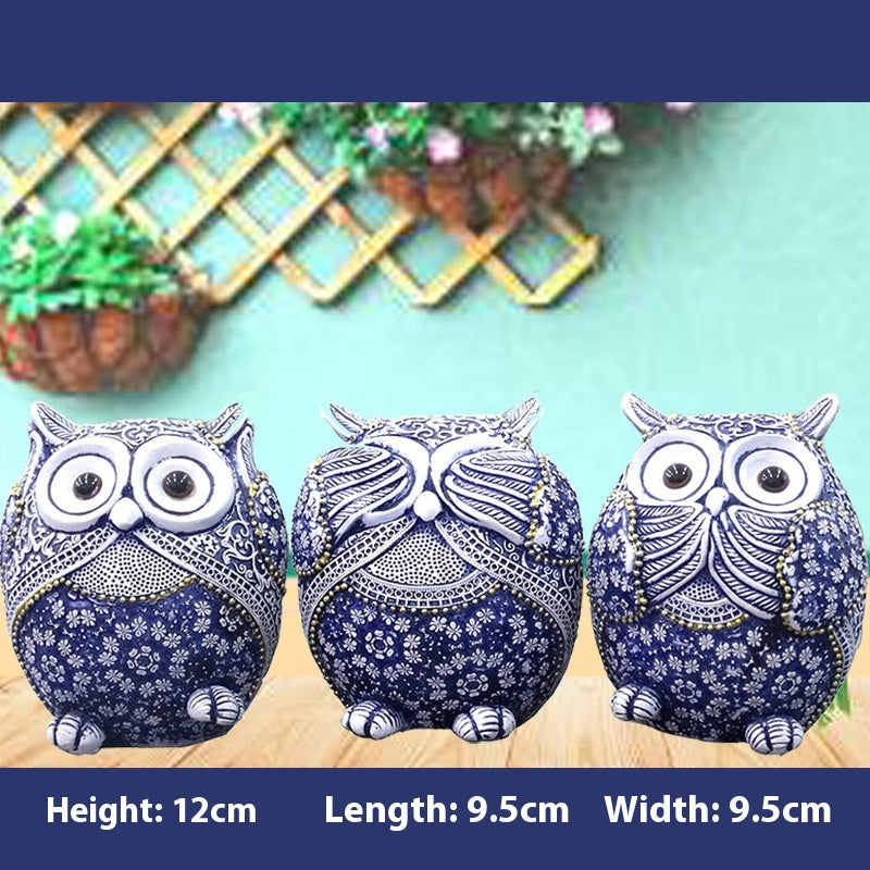 Blue and White Owl Resin Ornaments - Home Decor Garden Accents