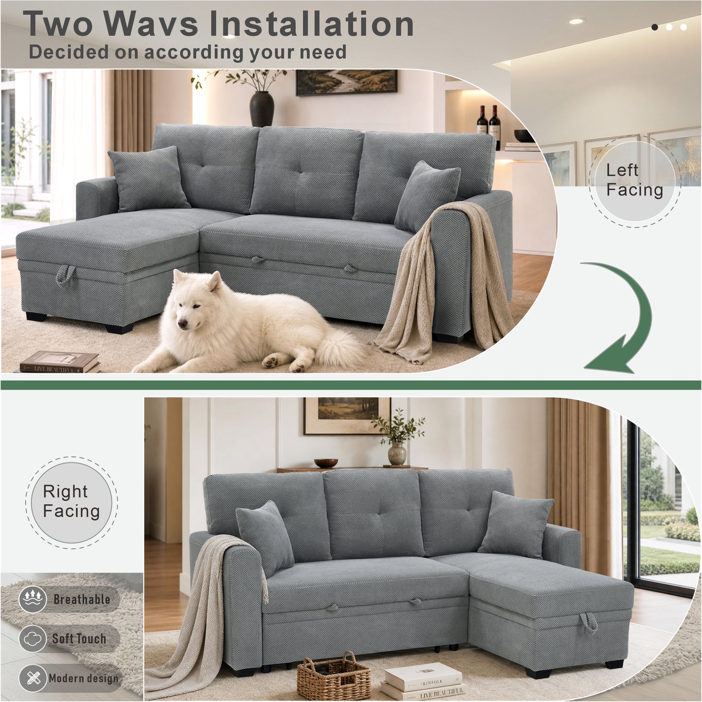 Light Gray Sectional Sofa Bed with Reversible Chaise & Storage