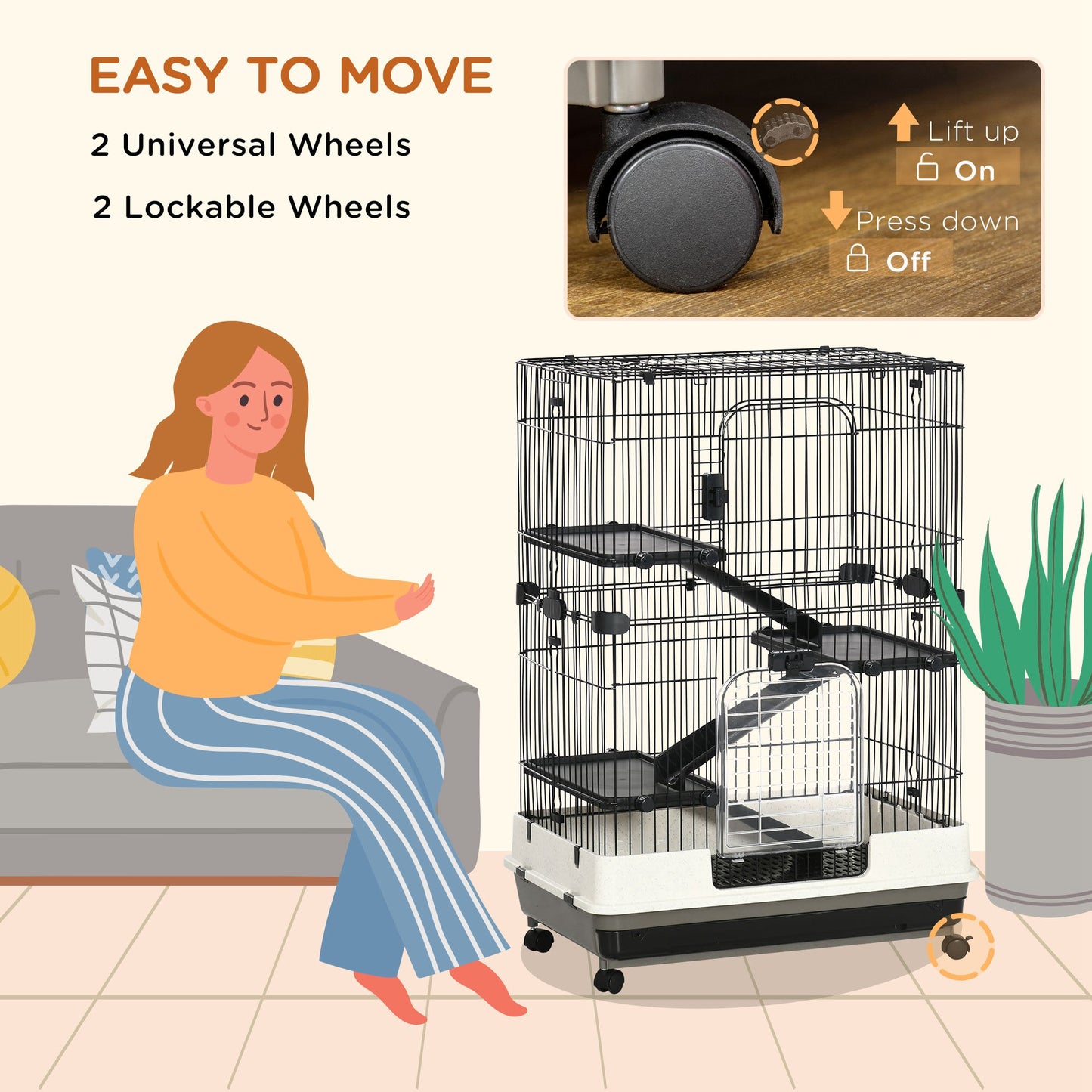 32-Inch Small Animal Cage with Wheels, Slide-Out Tray for Rabbits, Chinchillas, Ferrets - Black