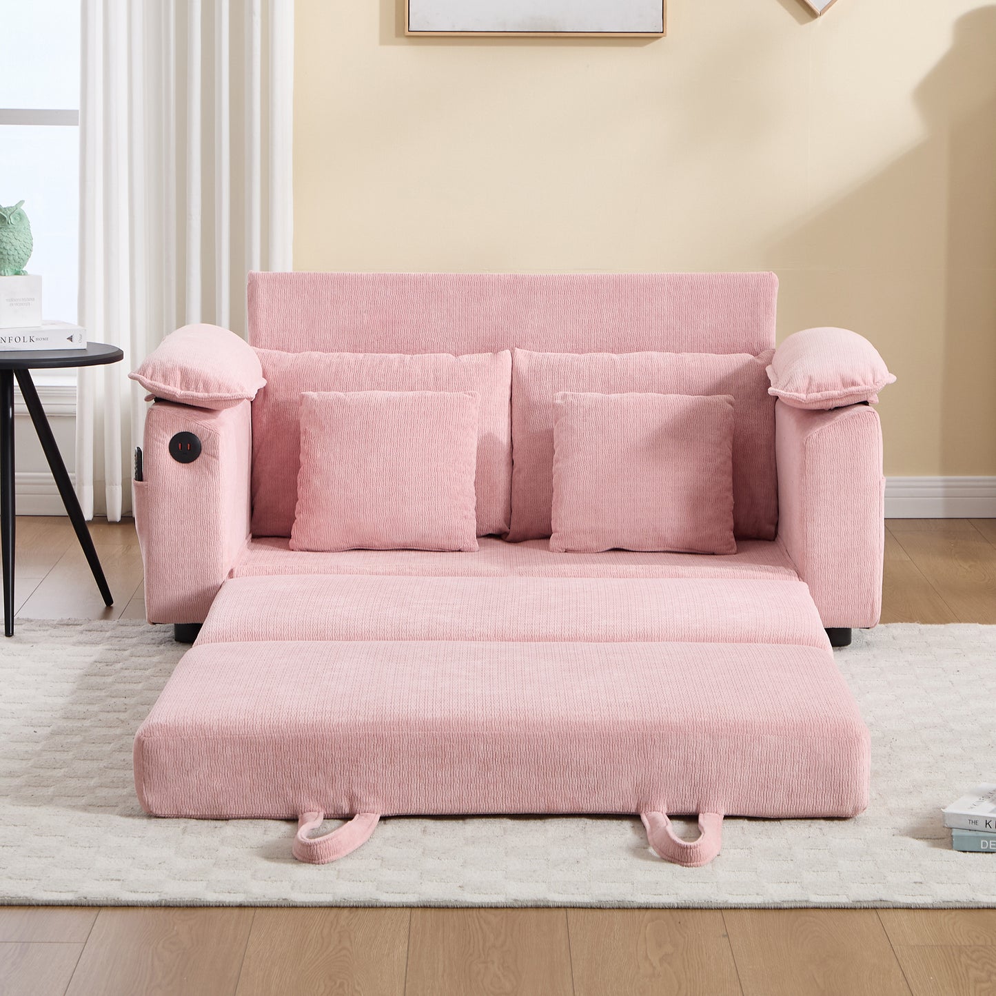 58-Inch Pink Upholstered Futon Sofa Bed with Side Pockets