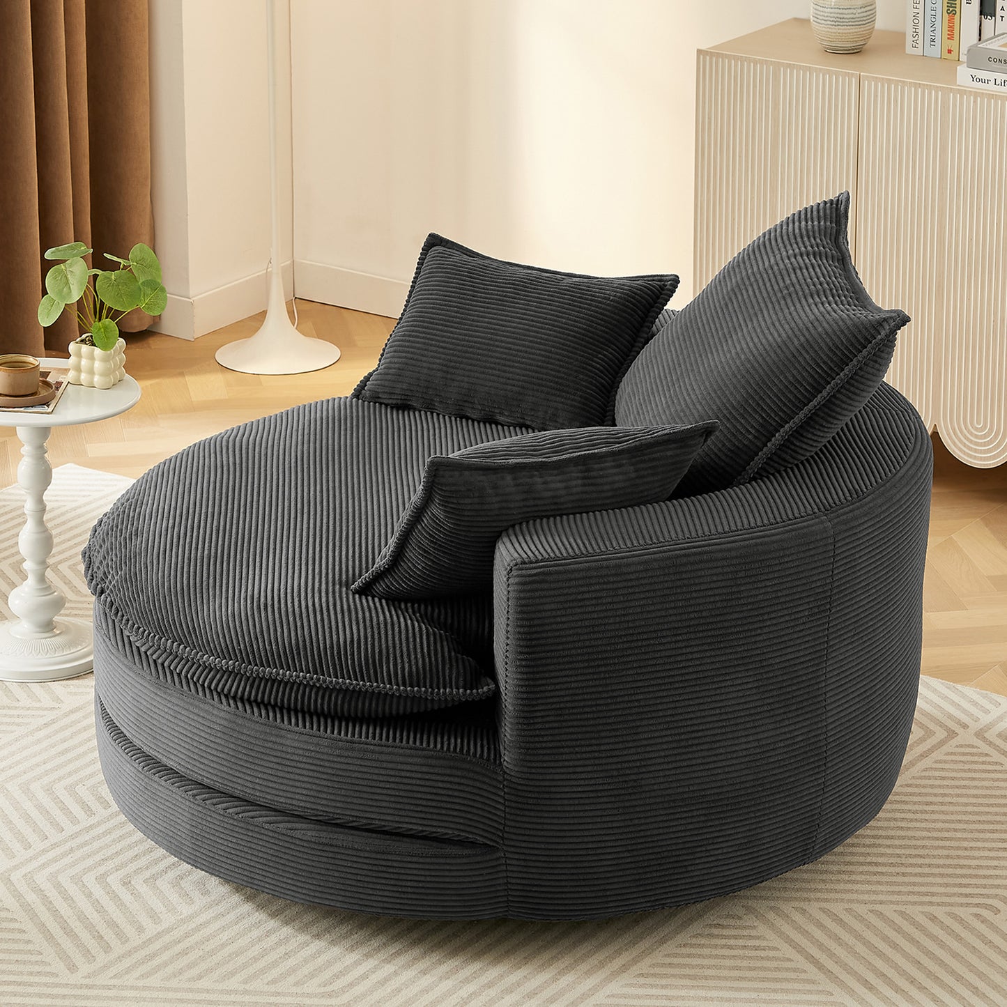 Oversized 360° Swivel Chair with Dual-Layer Cushions - Black