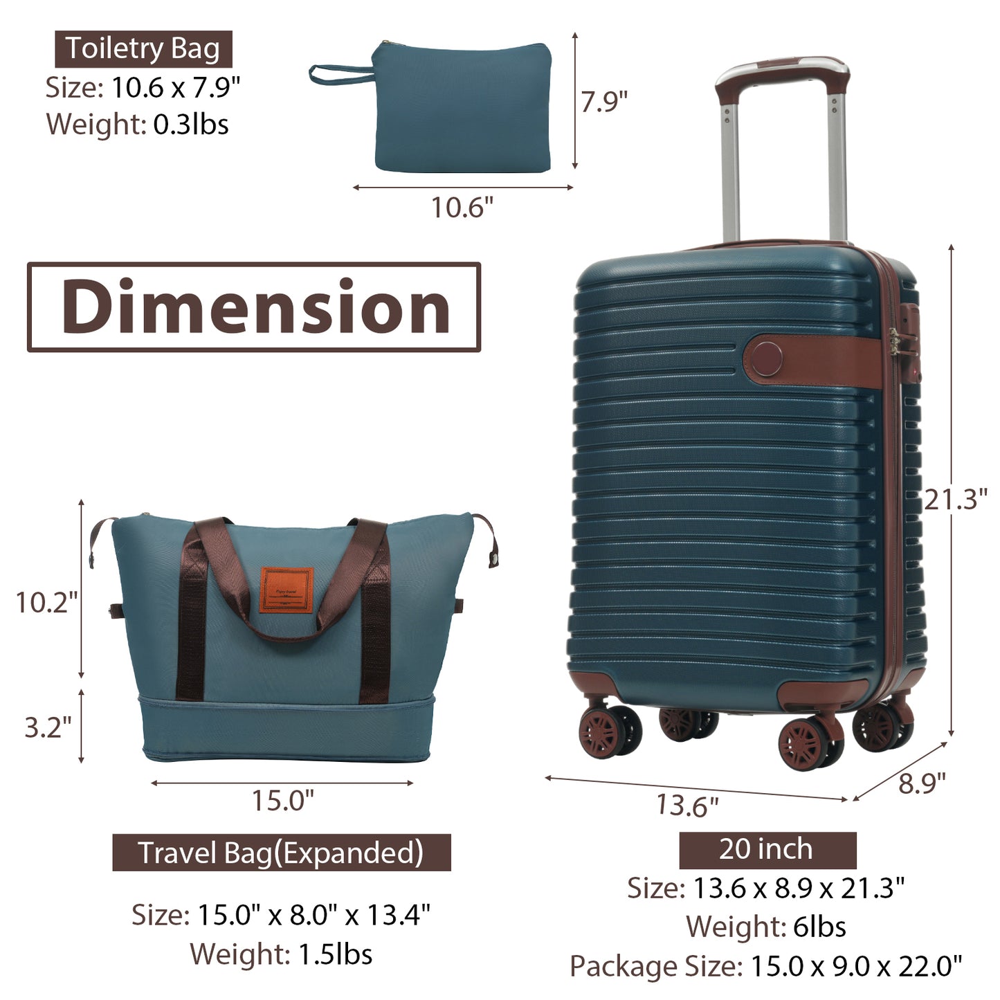 3 Piece Carry-On Luggage Set - 20 Inch Lightweight Hardshell Suitcases - Ink Blue