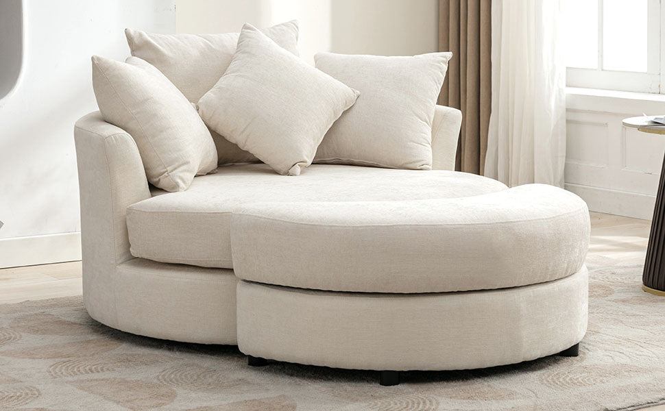 360° Swivel Accent Barrel Chair with Storage Ottoman & 4 Pillows - Cream