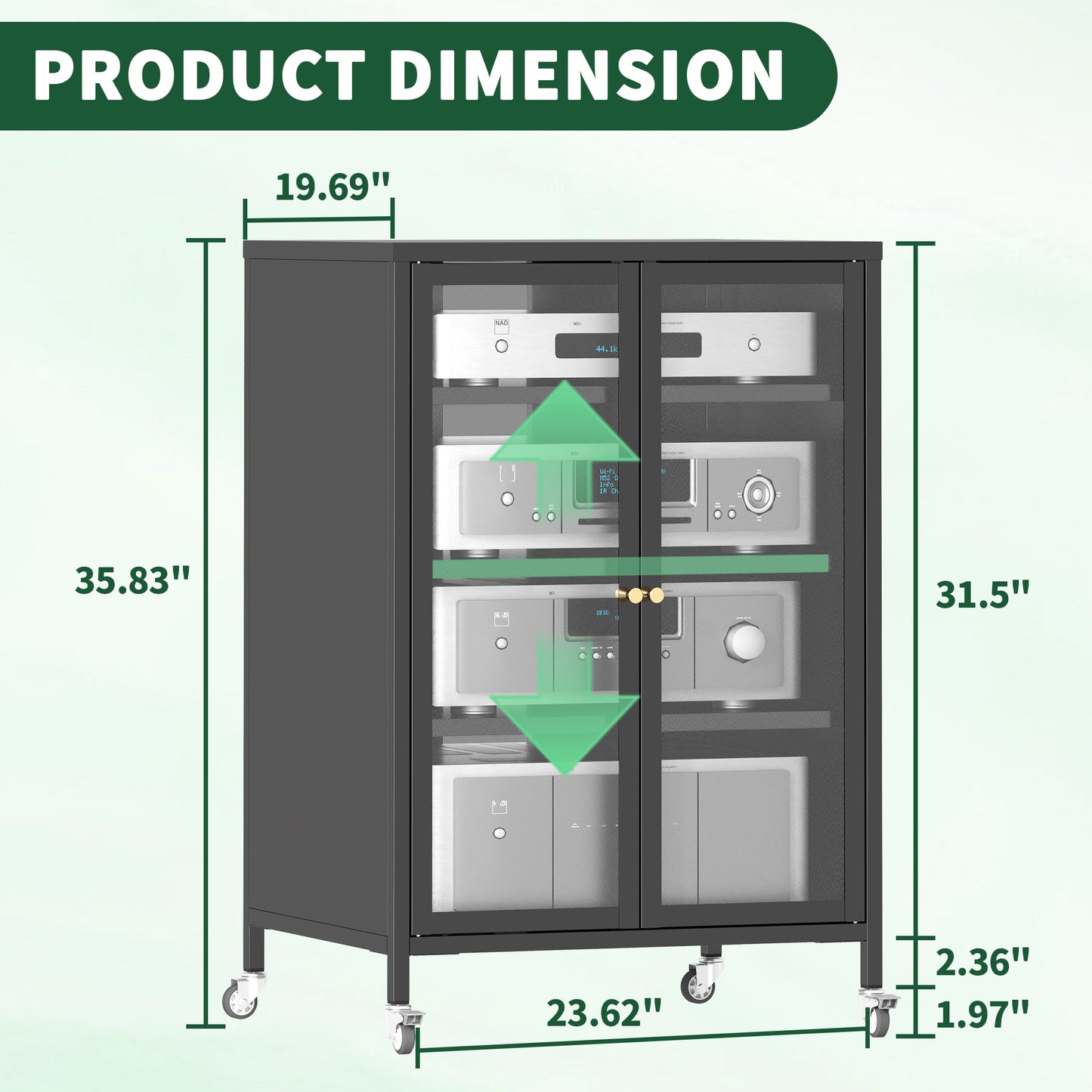 35.8" High Media Storage Cabinet with Wheels - Black