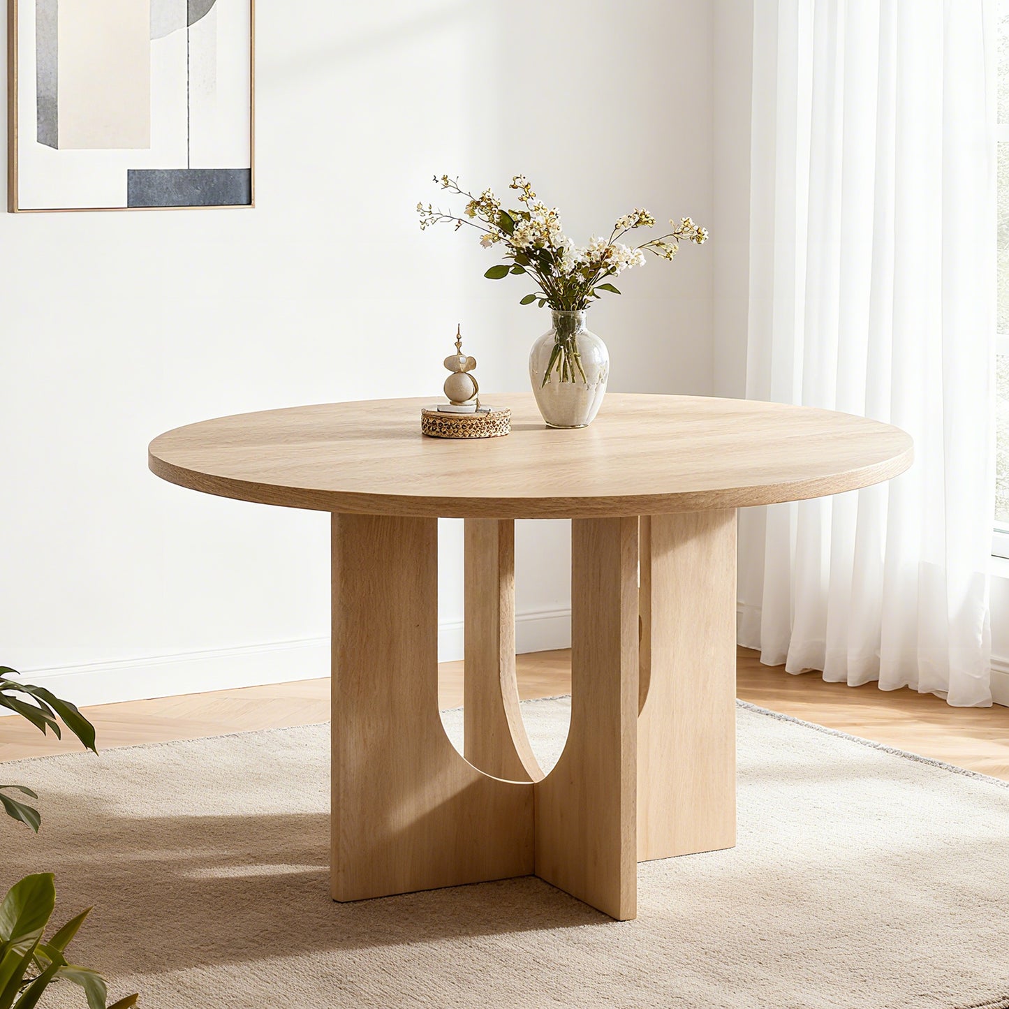 Farmhouse Round Dining Table for 4 - Light Oak, 47.3 Inch