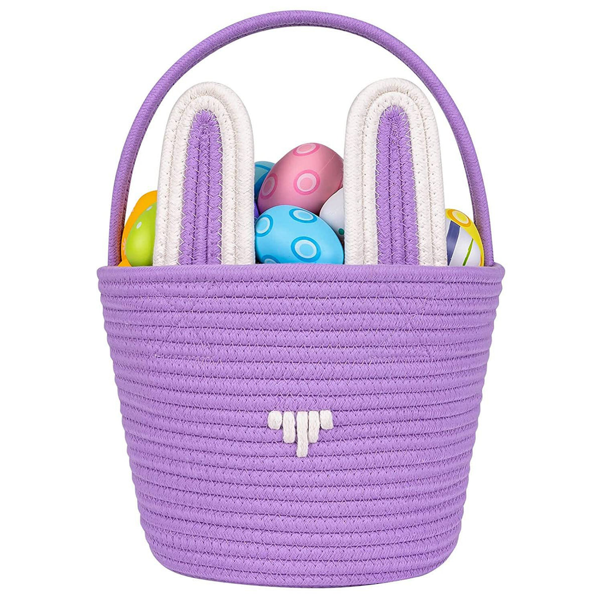 Easter Egg Handwoven Cotton Basket with Cartoon Rabbit Design – Multi-Color Storage Bag