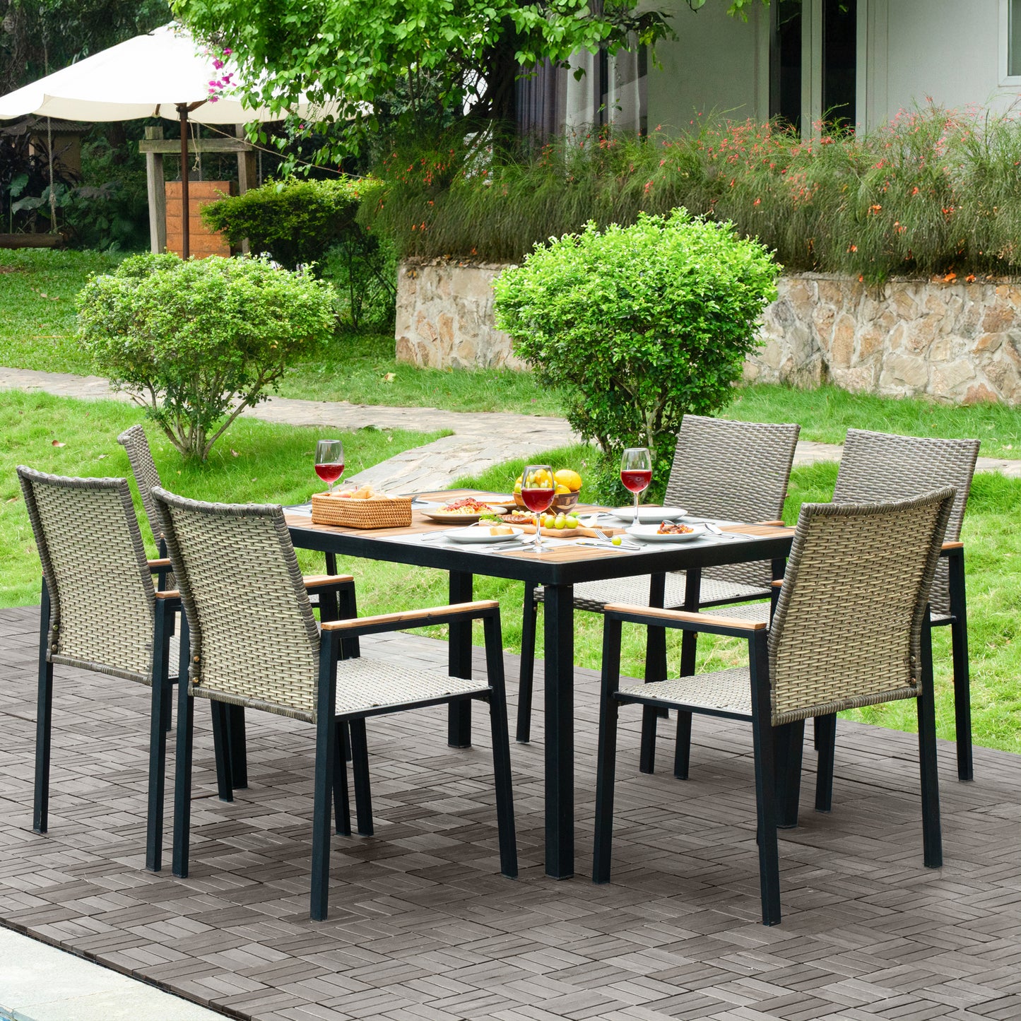 7-Piece Outdoor Dining Set with Acacia Wood Table & Rattan - Brown Gray