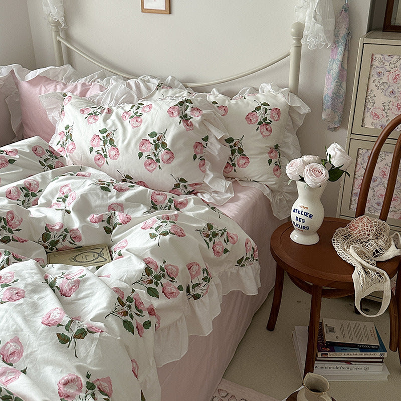 Princess Style Ruffled Cotton Bed Sheet Duvet Cover Set - Floral Minimalist Bedding