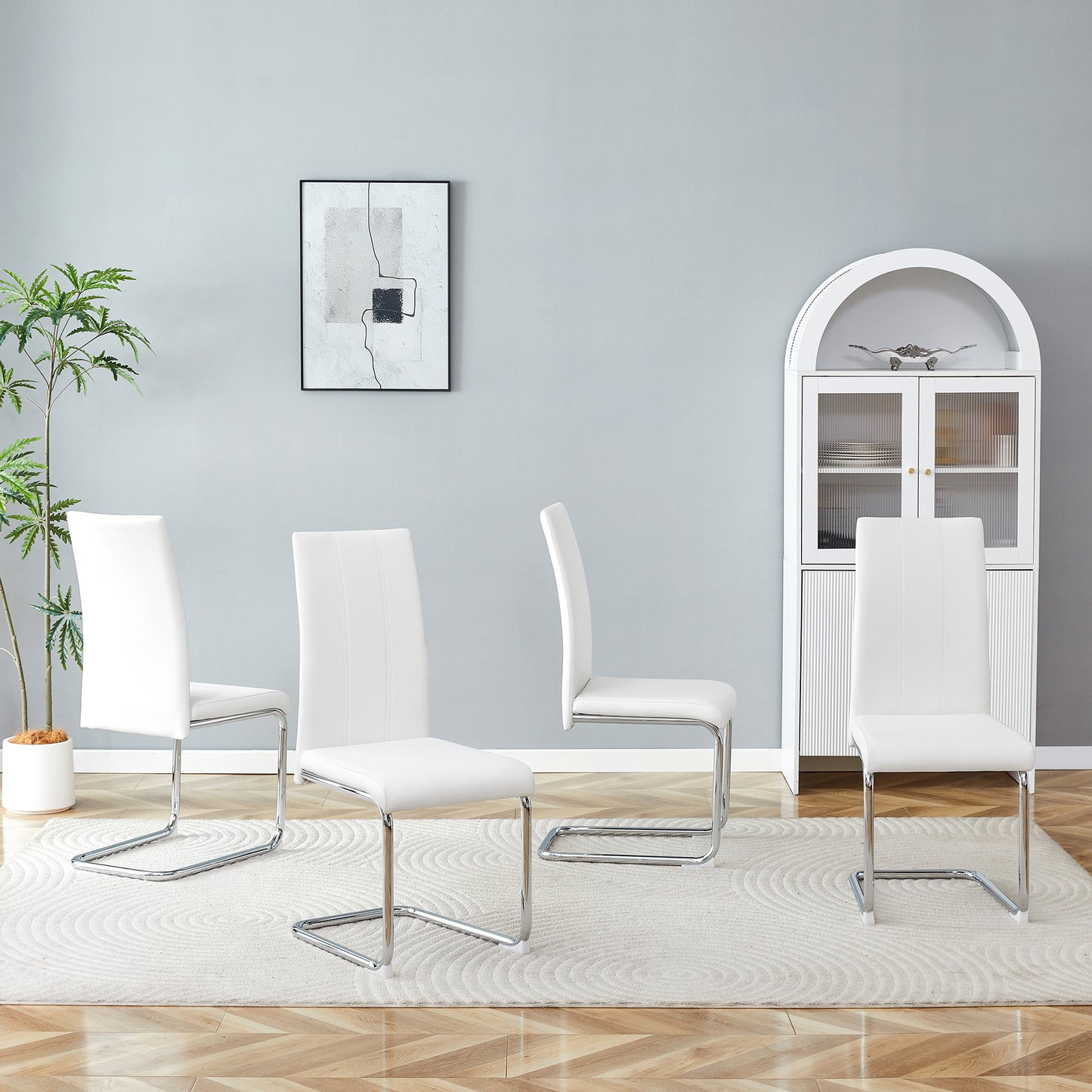 4-Pack White PU Upholstered Dining Chairs - Modern High-Back Side