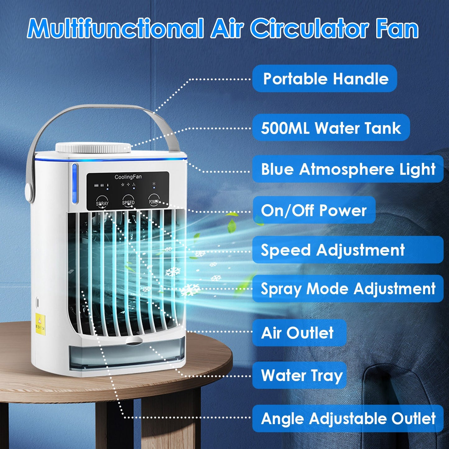 Portable Air Conditioner Fan with Humidifier & Night Light - White