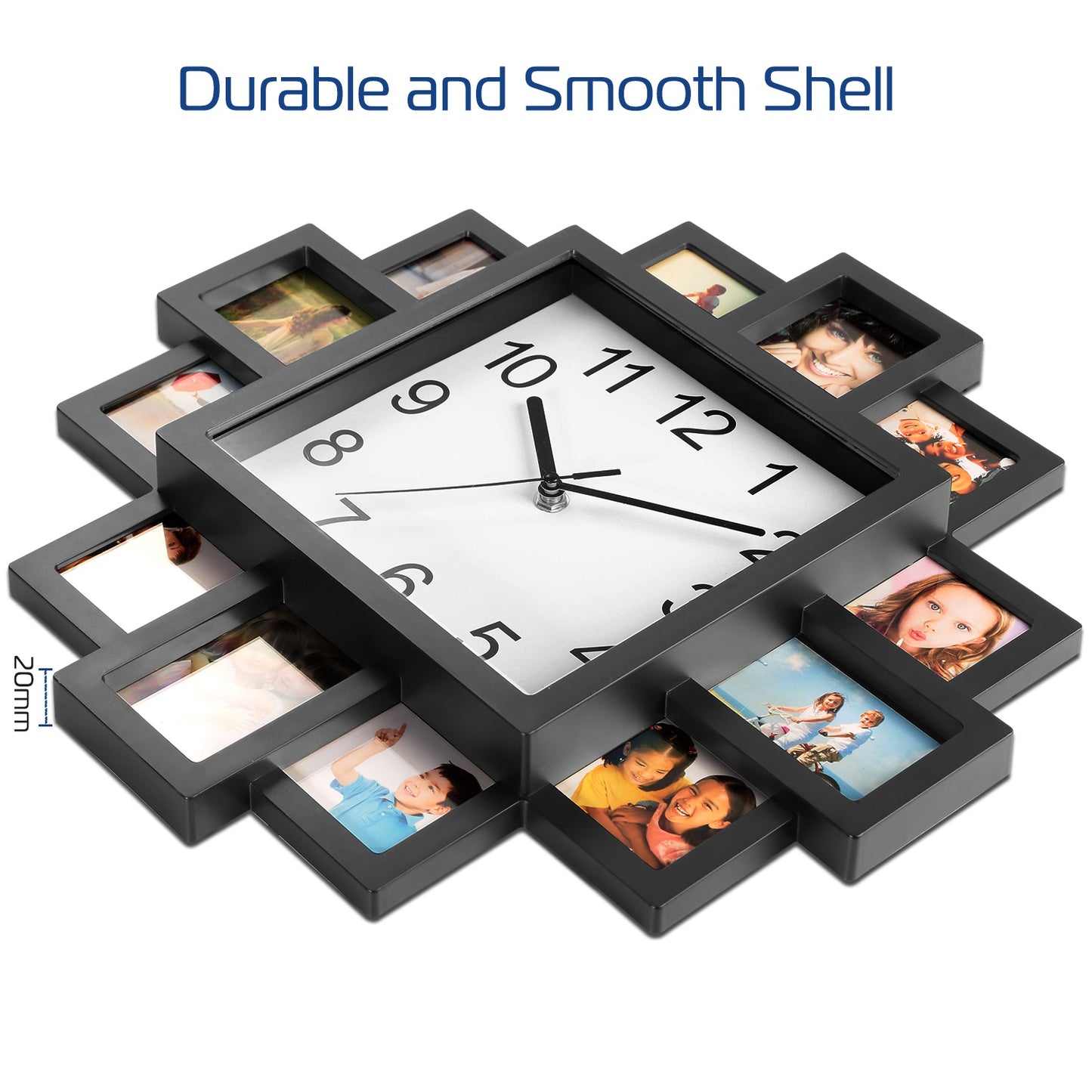 Photo Frame Wall Clock - 12 Picture Collage, Black