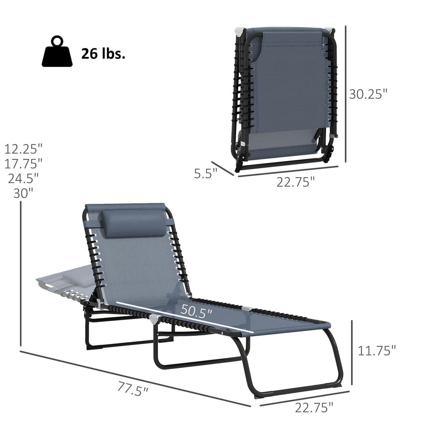 Folding Chaise Lounge Chairs - Set of 2 with 4-Position Recline, Gray