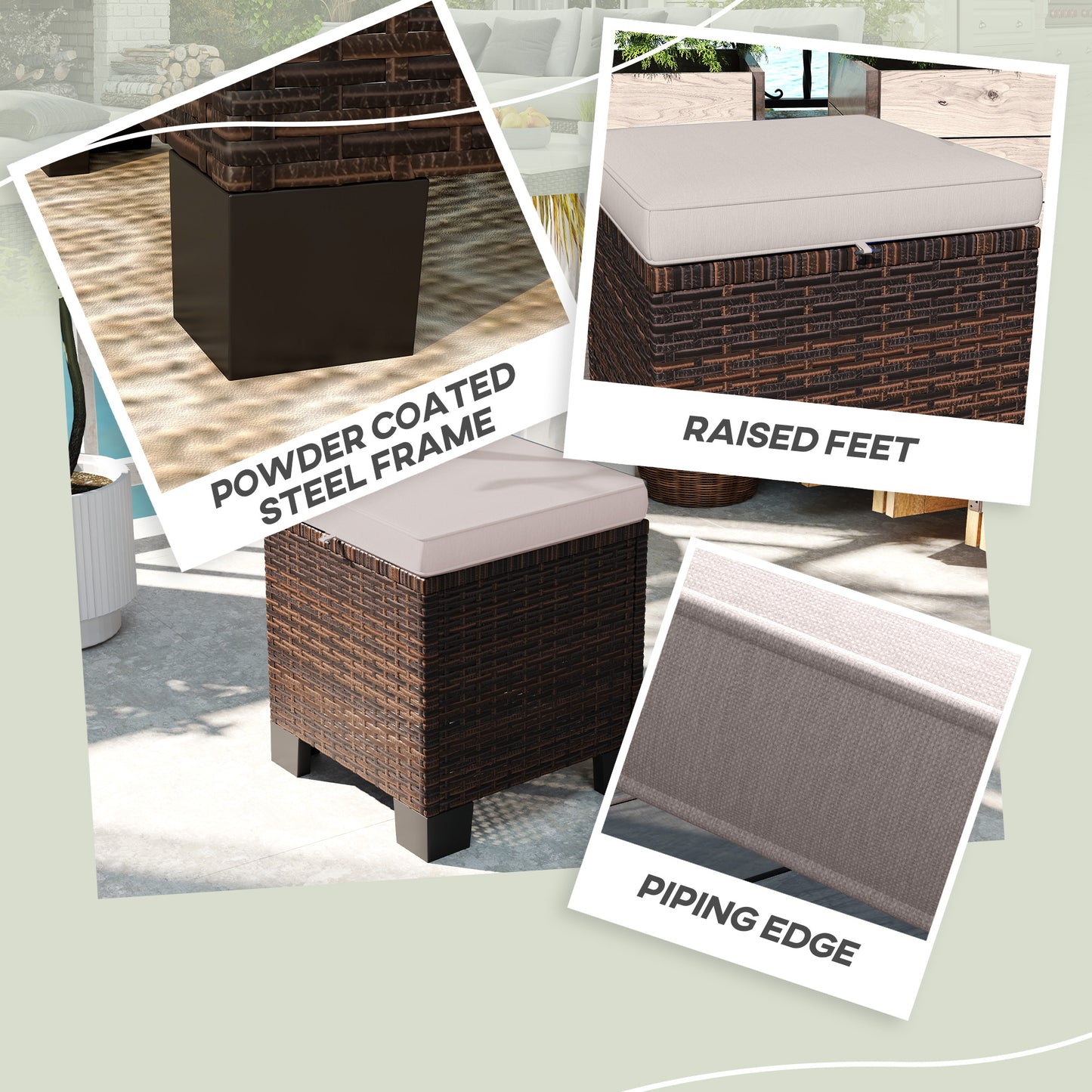 2-Piece Outdoor Wicker Ottoman Set with Cushions - Cream