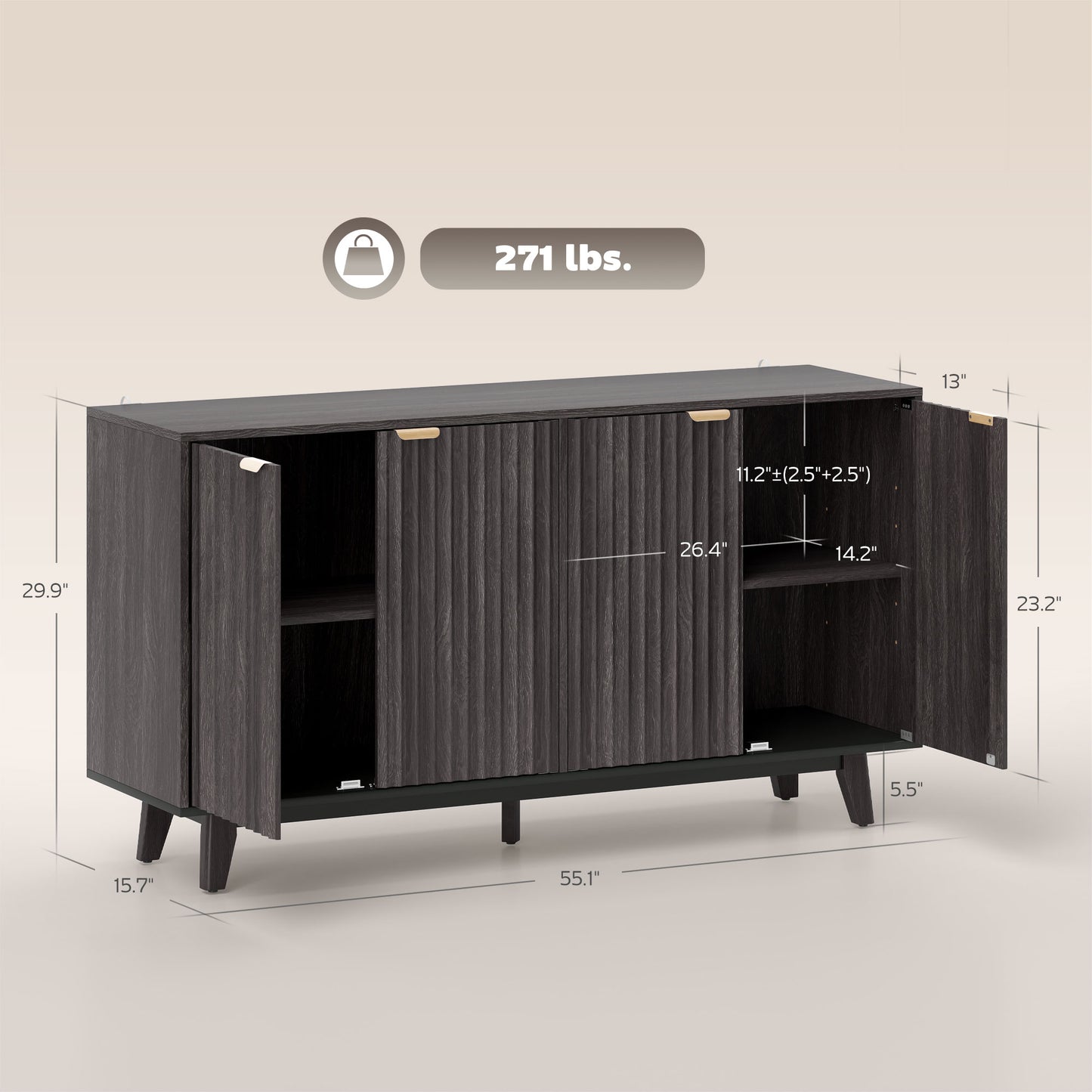 Fluted Buffet Cabinet - 55" Dark Gray with 4 Doors & Adjustable Shelves