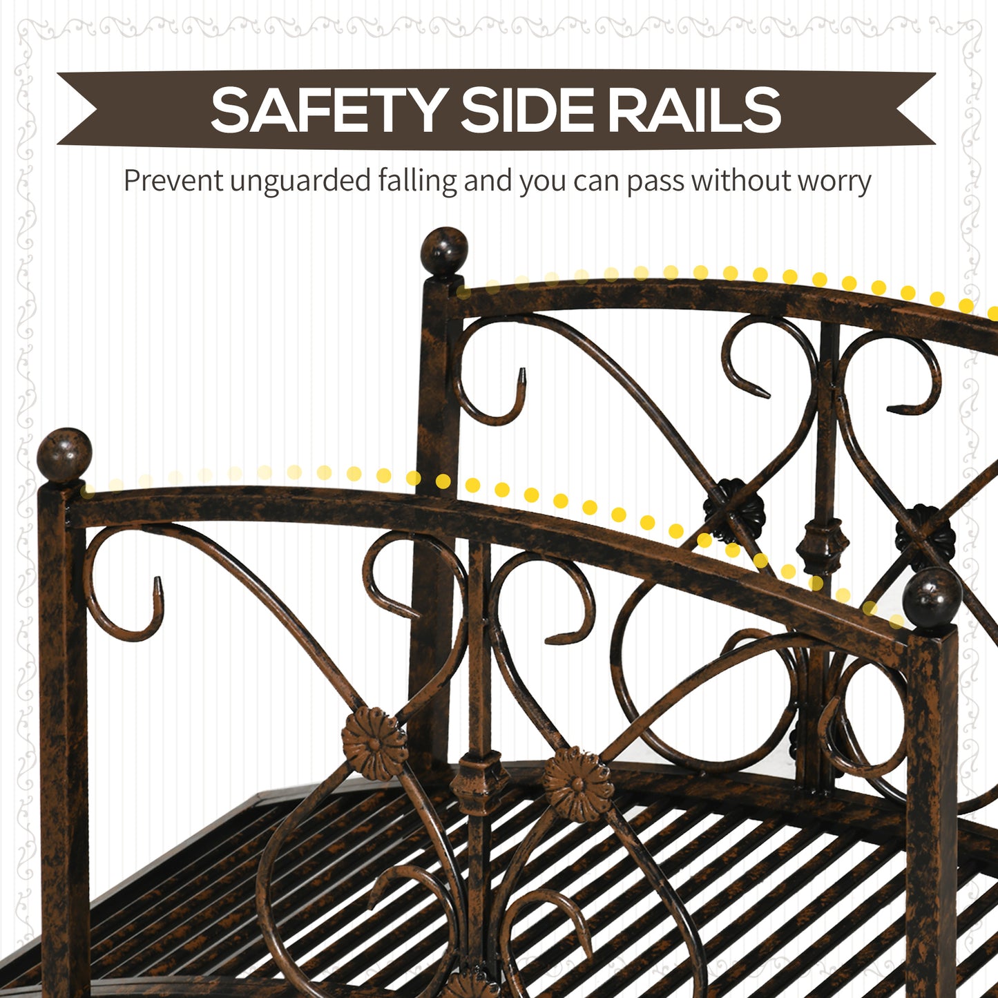 Metal Garden Bridge with Safety Railings - Vintage Style Pond Footbridge Brown