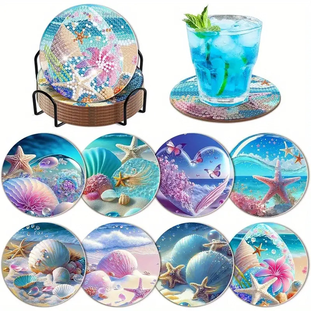 Diamond Painting Coaster Kit with Holder for Beginners - Seaside Pattern, 9.7x9.7cm