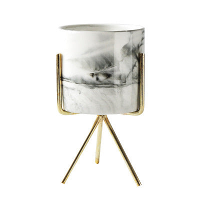 Gold-Plated Iron Frame Succulent Flower Pot with Marbling Ceramic Planter - Multiple Sizes