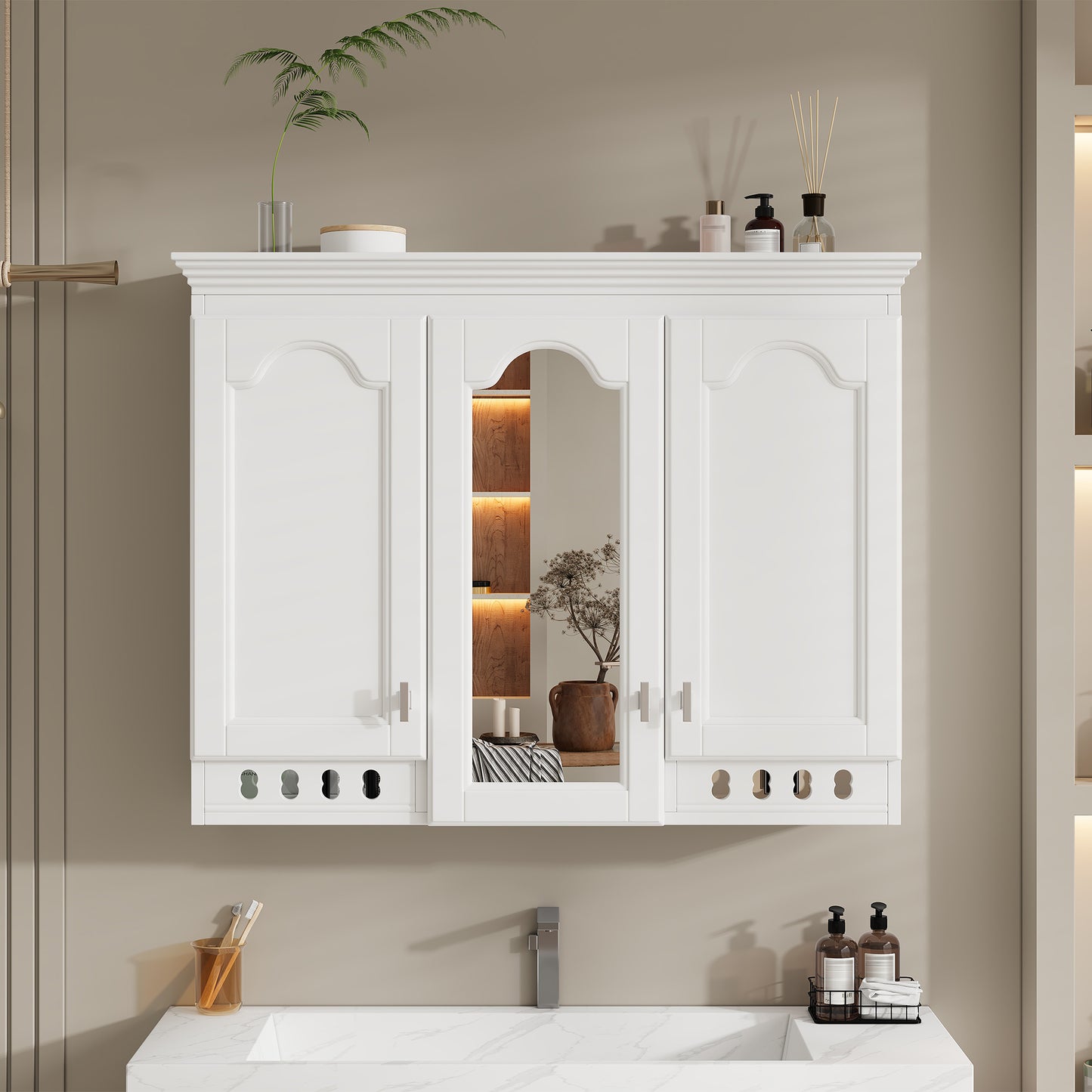 35 Inch Wall-Mount All-in-One Mirror Cabinet With Adjustable Shelves,