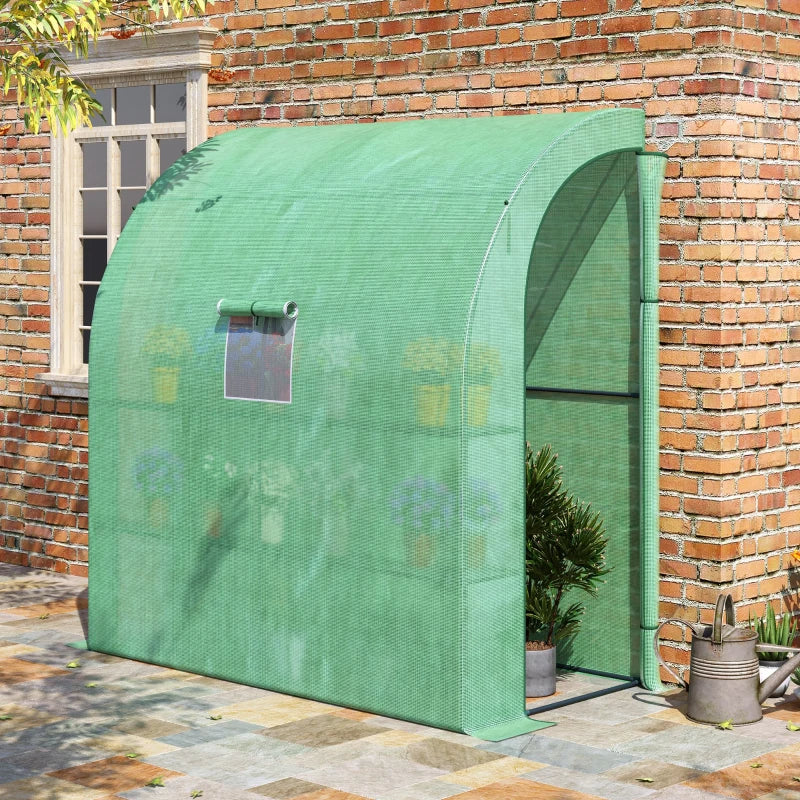 Lean To Greenhouse with Shelves - Walk-In Plant Nursery, Green PE Cover