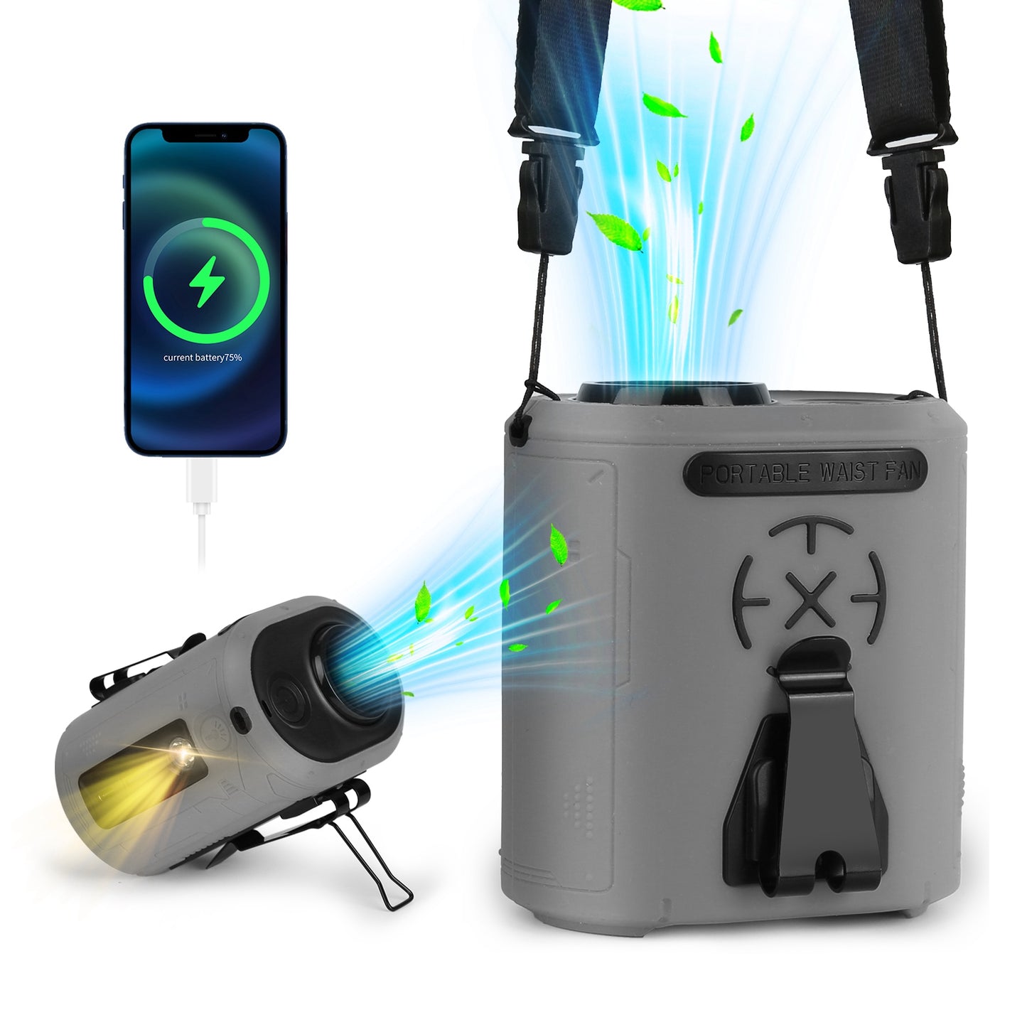 Portable 5-in-1 Waist Clip Fan with LED Light and Power Bank, Adjustable Speed
