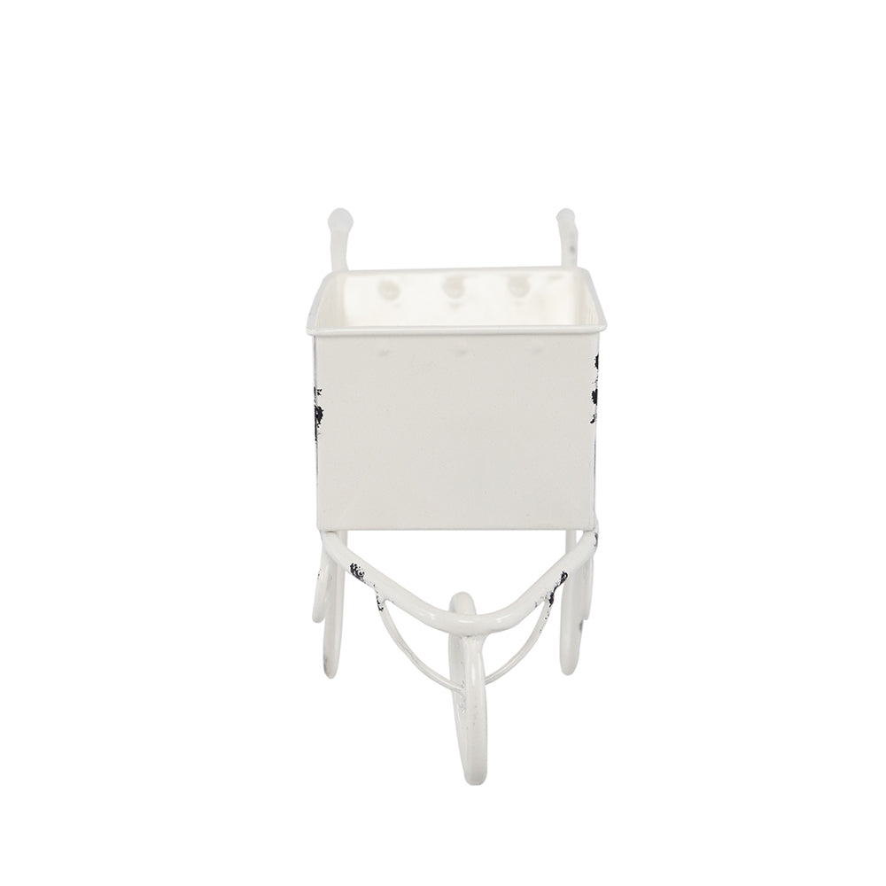 11.5x4x7 White Metal Decorative Disressed Wheelbarrow Planter,