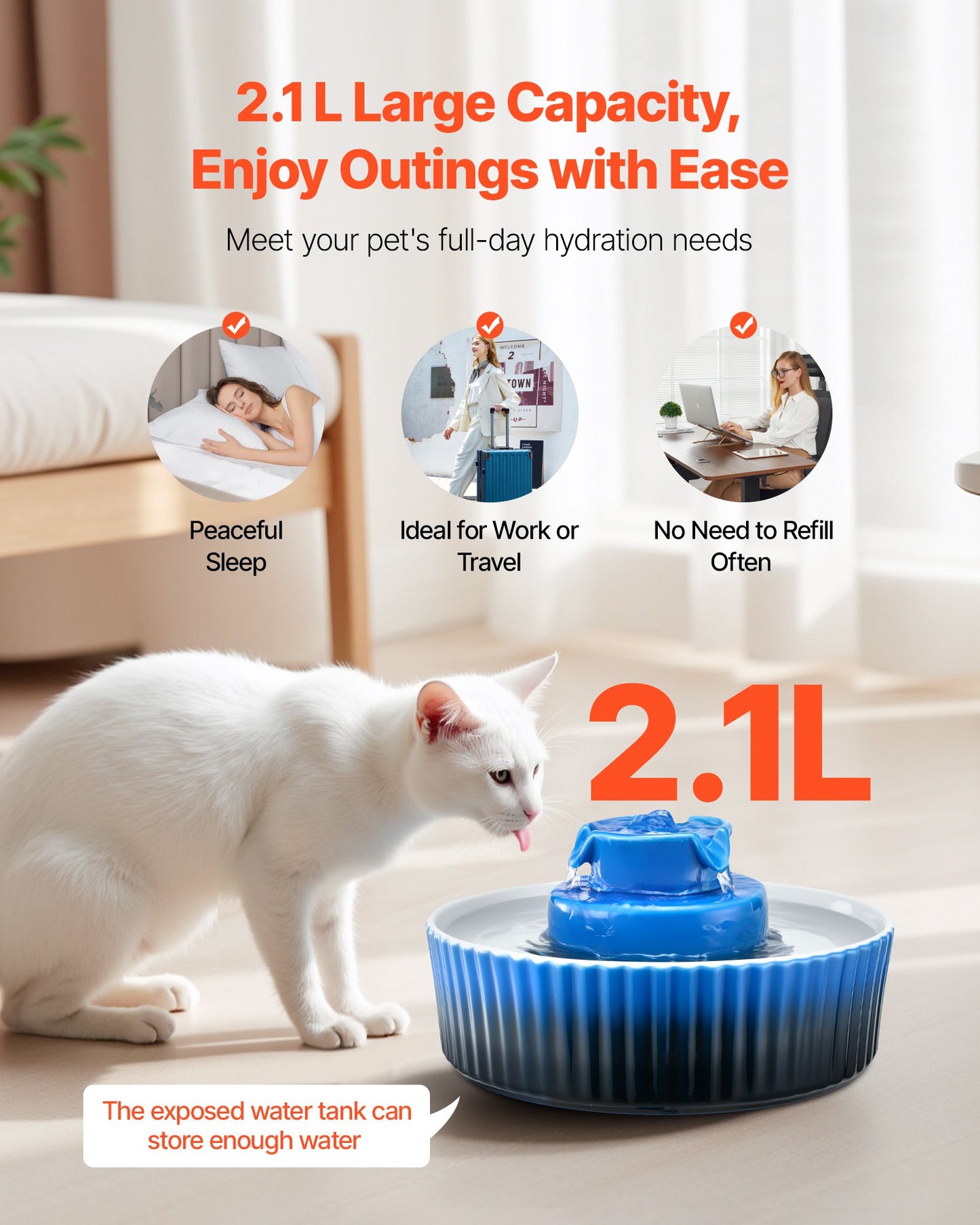 Ceramic Pet Water Fountain 2.1L Blue Cat & Dog Drinking Dispenser