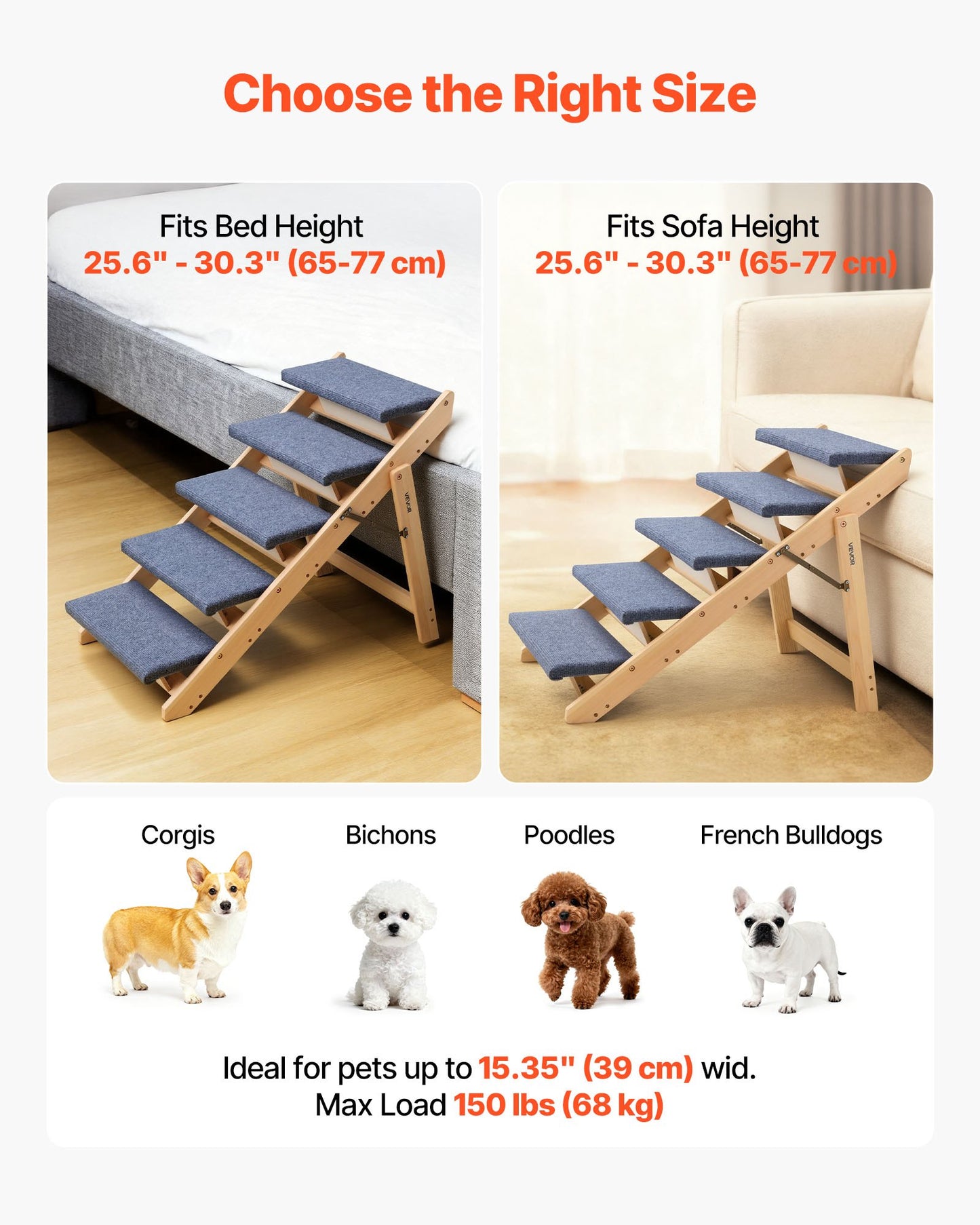 Wood Pet Stairs for Dogs & Cats - 5-Step Foldable Support Ladder, Black