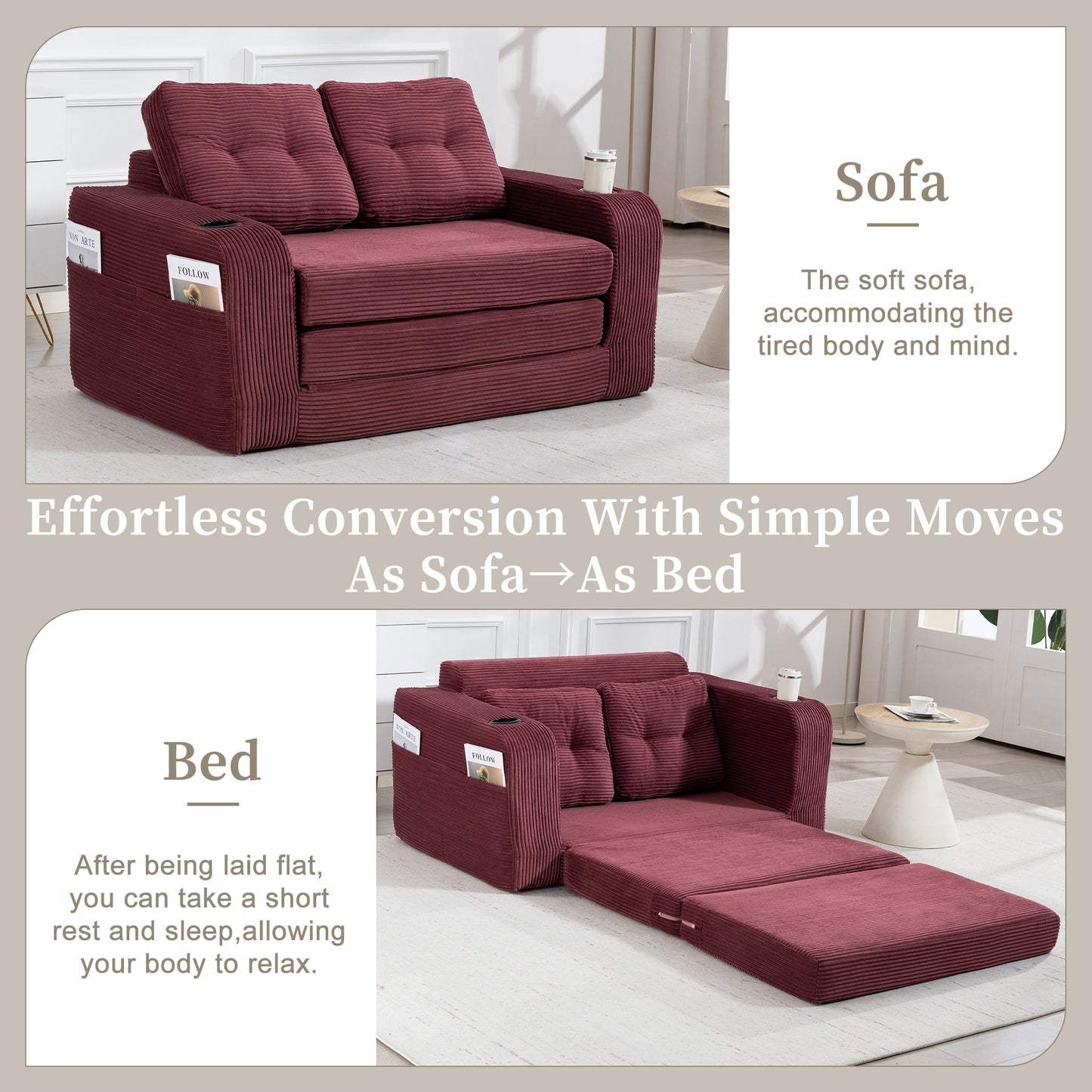 Convertible Sofa Bed - Expandable 2-in-1 Floor Couch with Pillows, Wine Red
