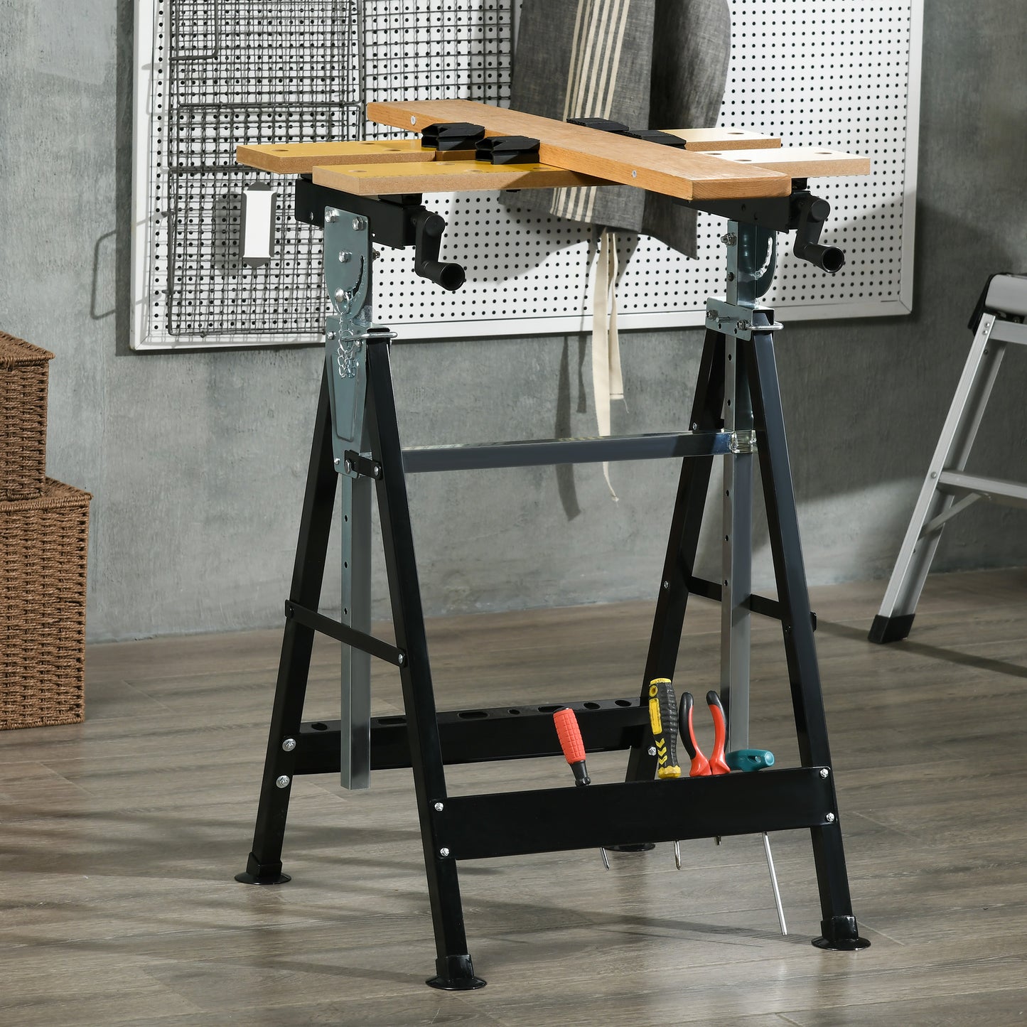 Adjustable Work Bench with Clamps & Steel Frame - Multi-Use Garage Table