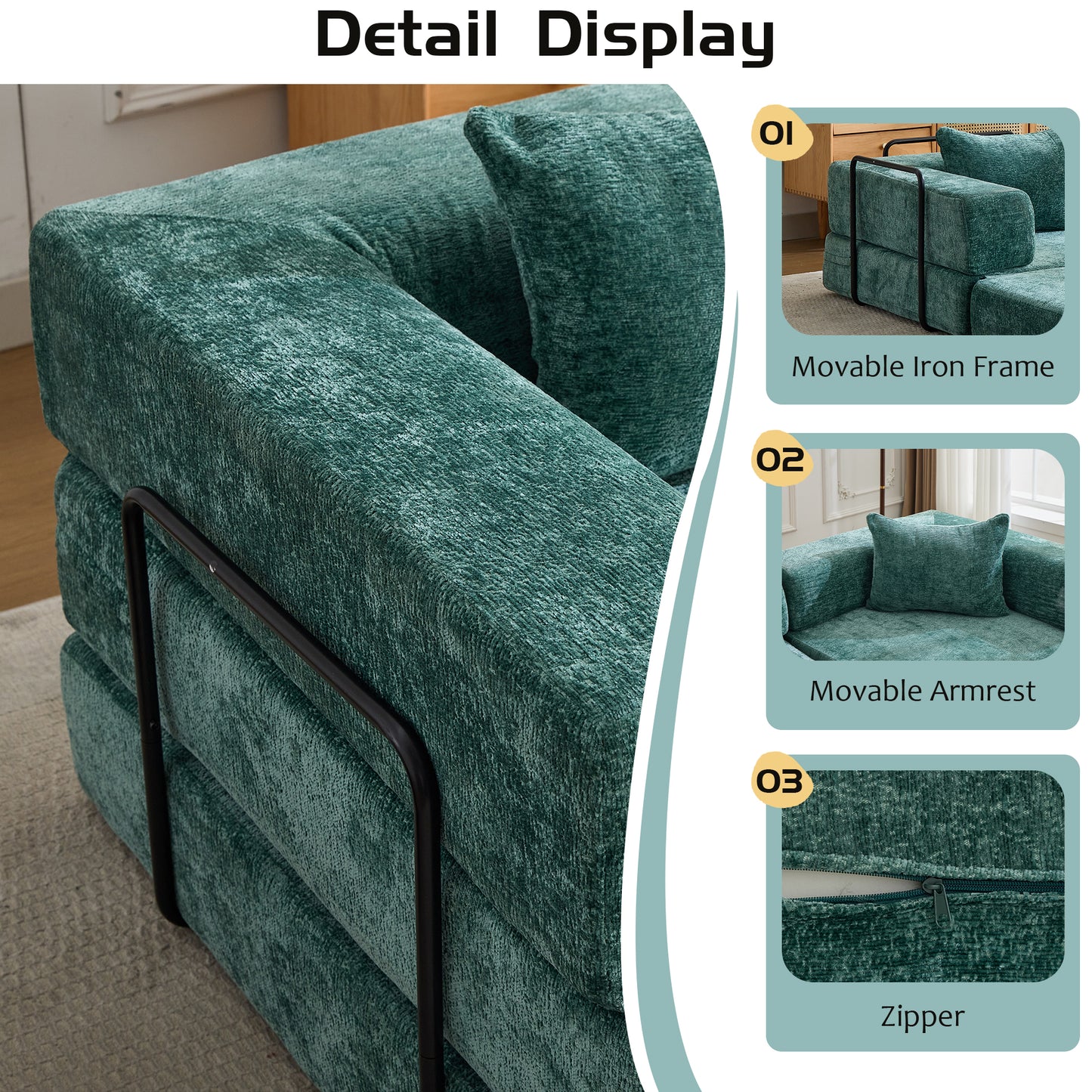 Convertible Floor Sofa Bed - Dark Green Chenille Fabric