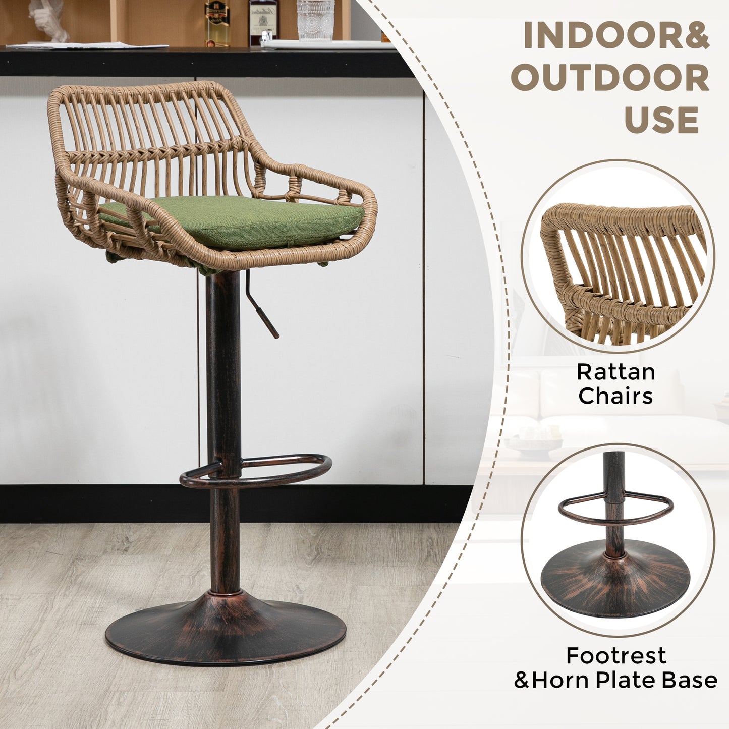 Adjustable Green Swivel Bar Stools Set of 2 with Footrest