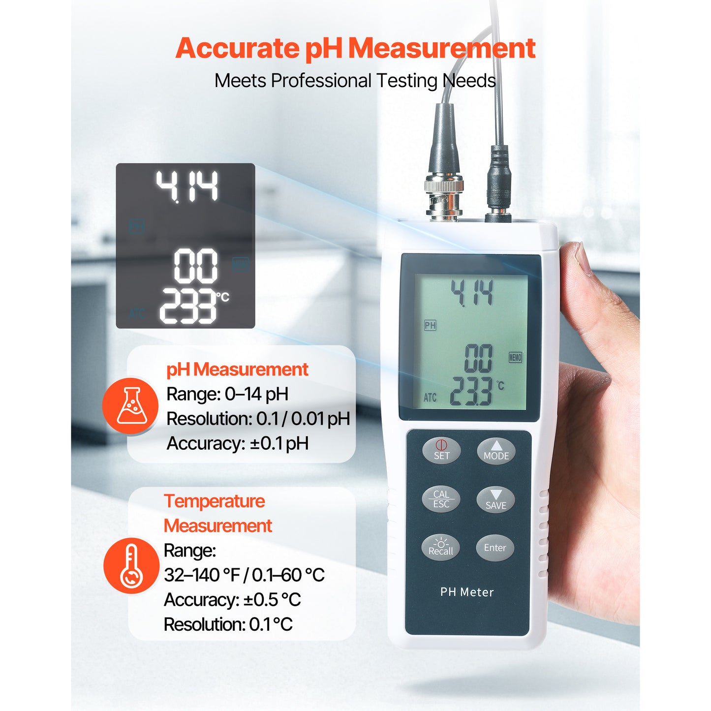 PH Meter 0-14 pH Range Waterproof Probe Portable Tester Kit for Drinking Water & Hydroponics