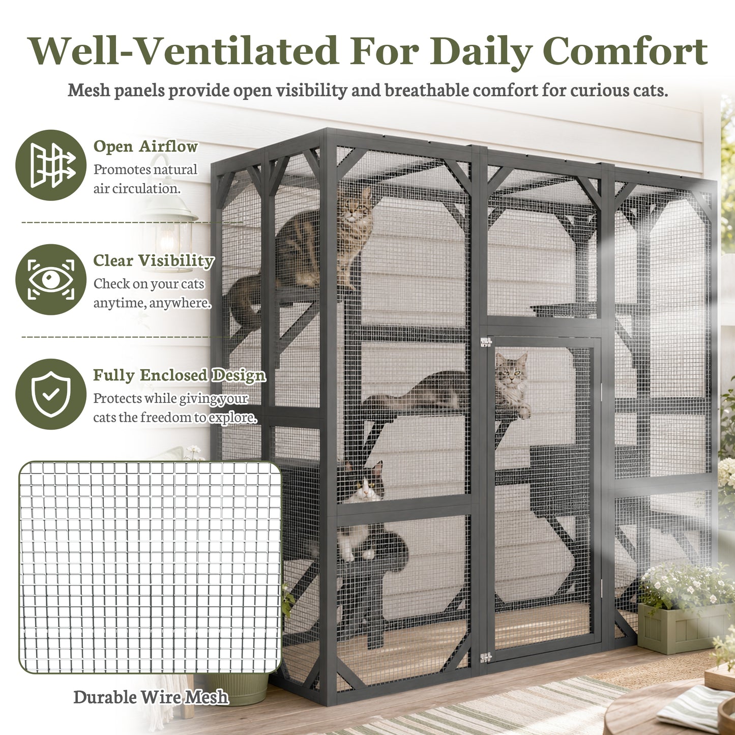 Large Outdoor Cat Enclosure 71x37x71 Inches with Mesh Panels Waterproof Roof