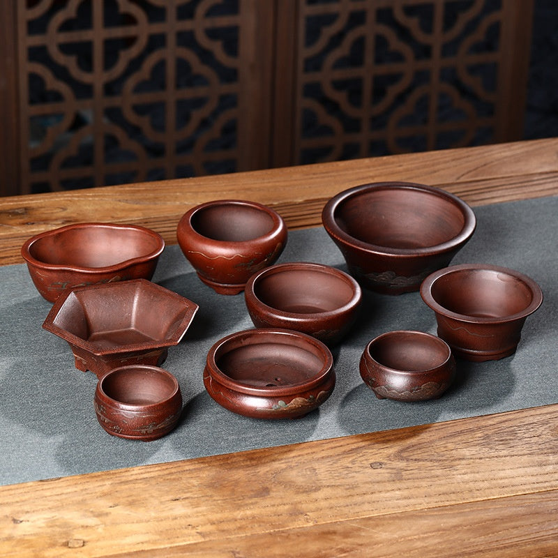 Purple Clay Flowerpot with Chinese Style Design Small Round & Square Options