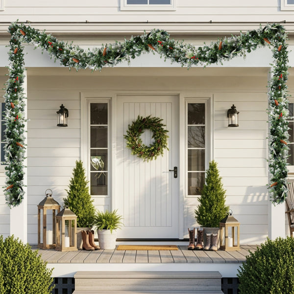 9FT Pre-Lit Snow Flocked Christmas Garland - 2 Pack with Warm White Lights & Red Berries